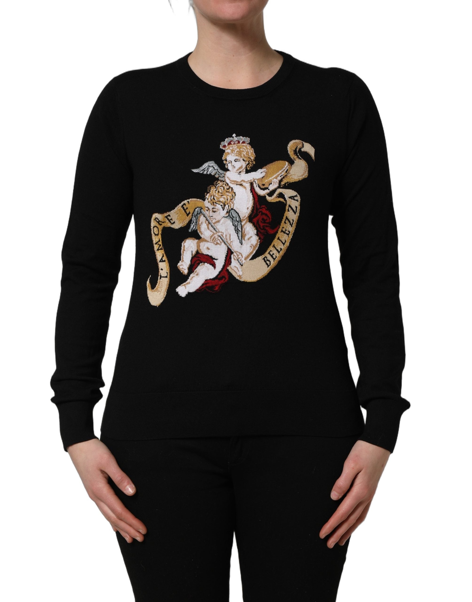 Pull en laine noir Dolce & Gabbana Angels avec col rond, affichant un motif angelot sur le devant.