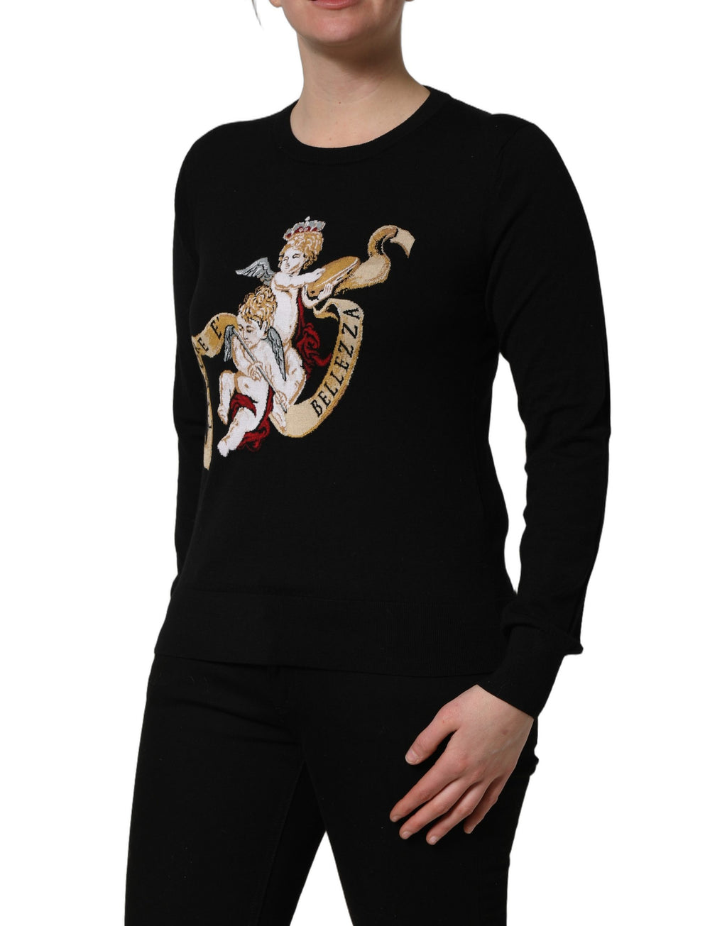 Pull-over en laine noir Dolce & Gabbana Angels avec col rond, style élégant et confortable, adapté pour un look sophistiqué.