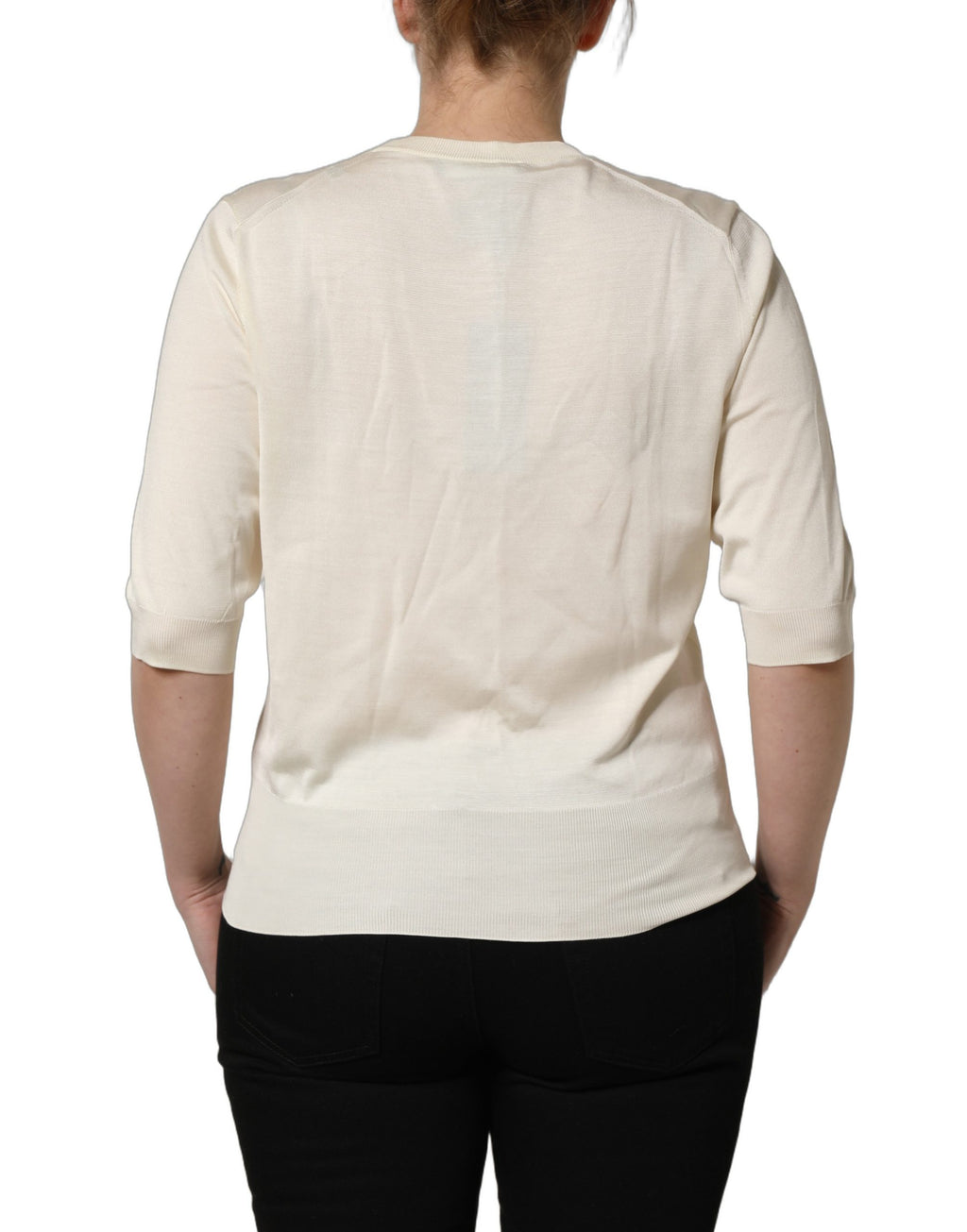Pull à manches 3/4 Dolce & Gabbana blanc cassé, col rond, en maille douce et confortable.