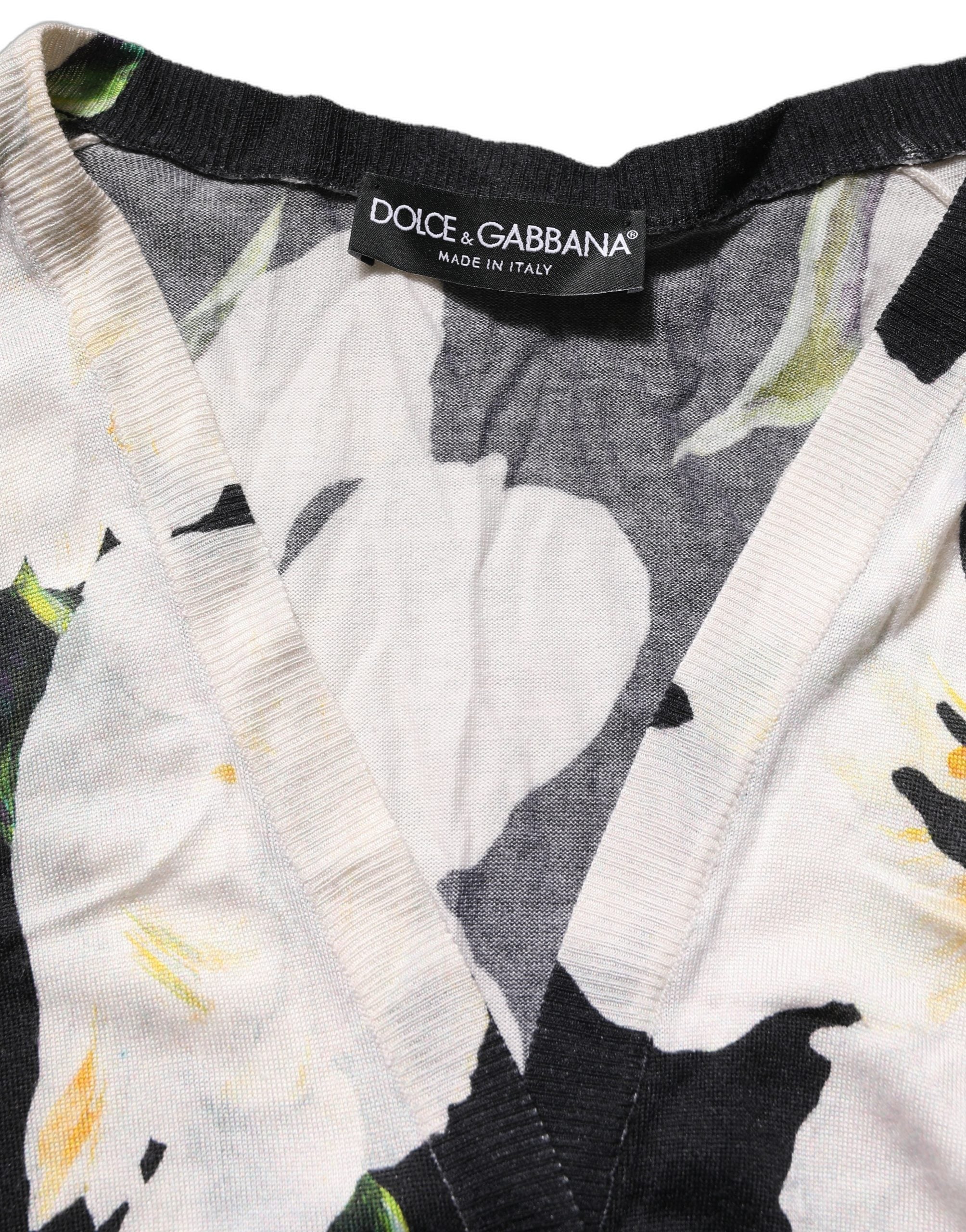 Cardigan en cachemire et soie noir à fleurs de Dolce & Gabbana, pull élégant avec motifs floraux.