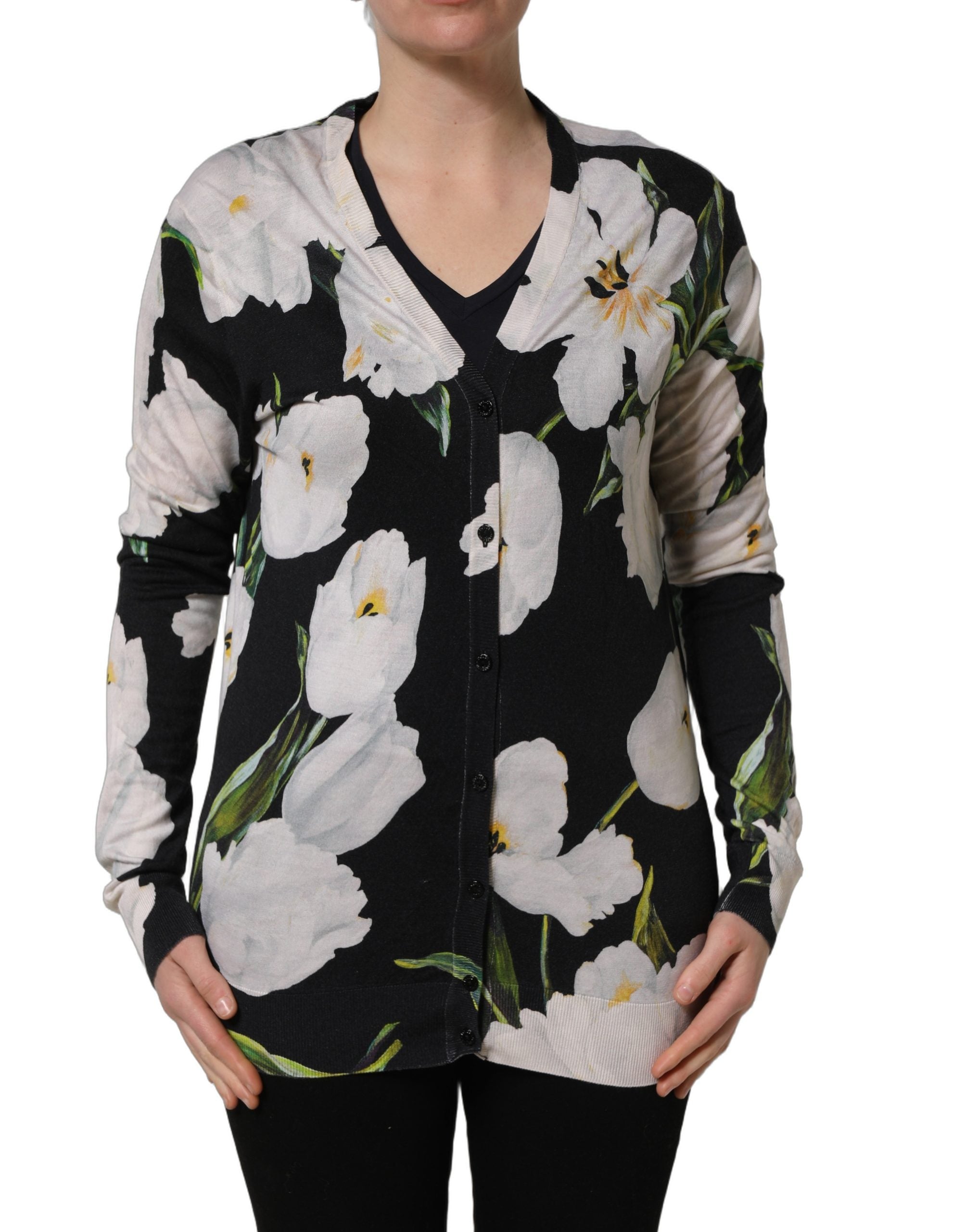 Pull en cachemire et soie noir à fleurs de Dolce & Gabbana, cardigan élégant avec motifs floraux.