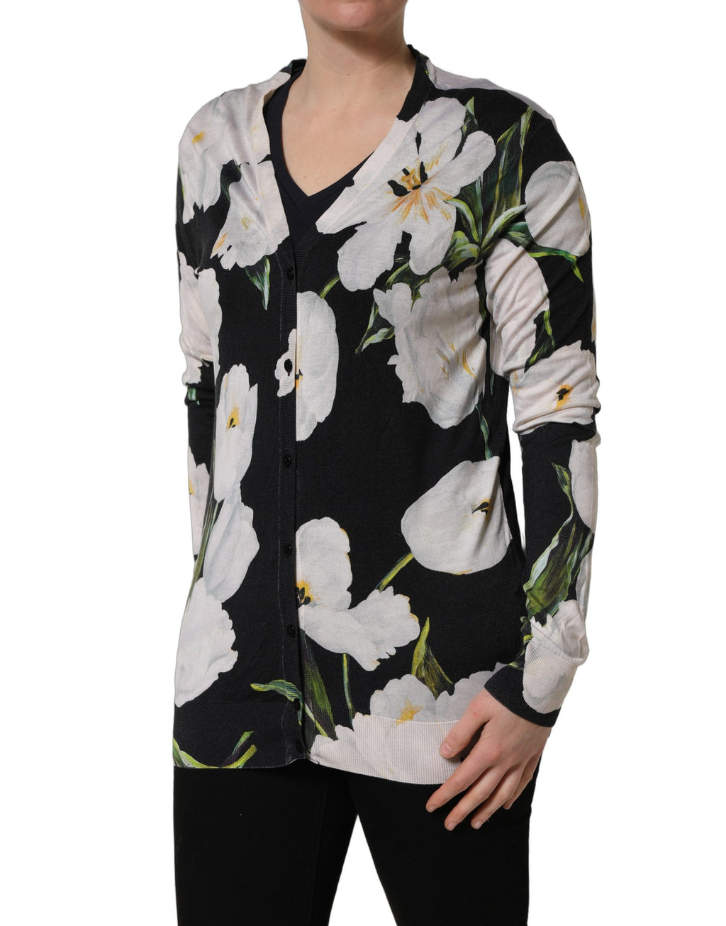 Pull en cachemire et soie noir à motifs floraux de Dolce & Gabbana, cardigan élégant avec détails sophistiqués.