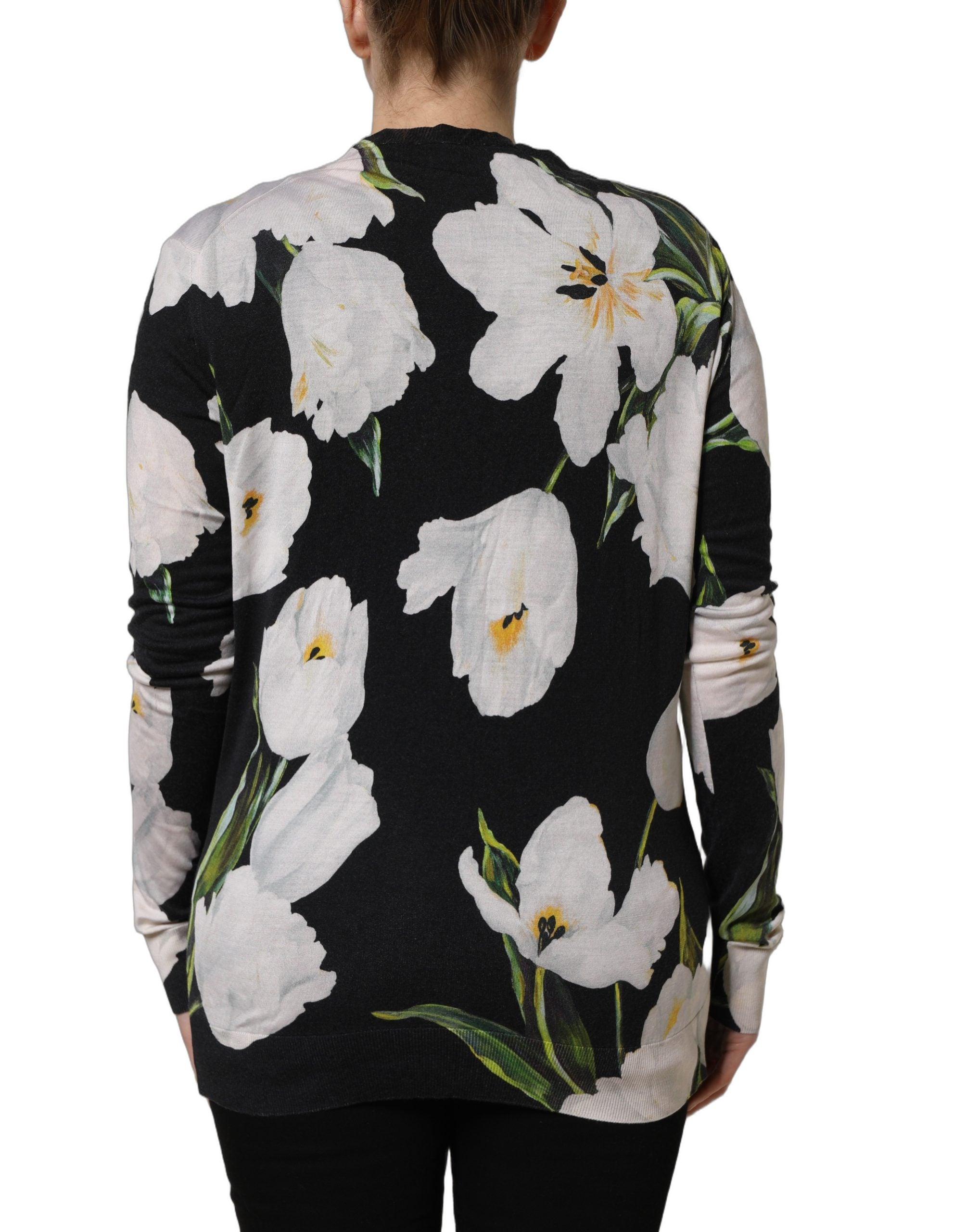 Cardigan en cachemire et soie noir à fleurs Dolce & Gabbana, pull élégant avec motifs floraux, parfait pour un style raffiné.