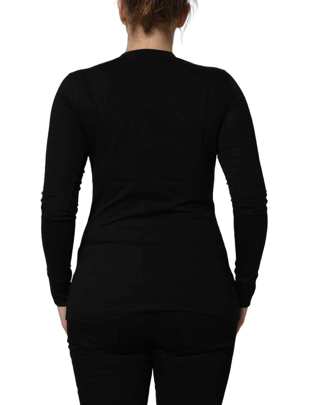 Pull noir à manches longues Dolce & Gabbana, col rond, en maille élégante, porté sur un mannequin.
