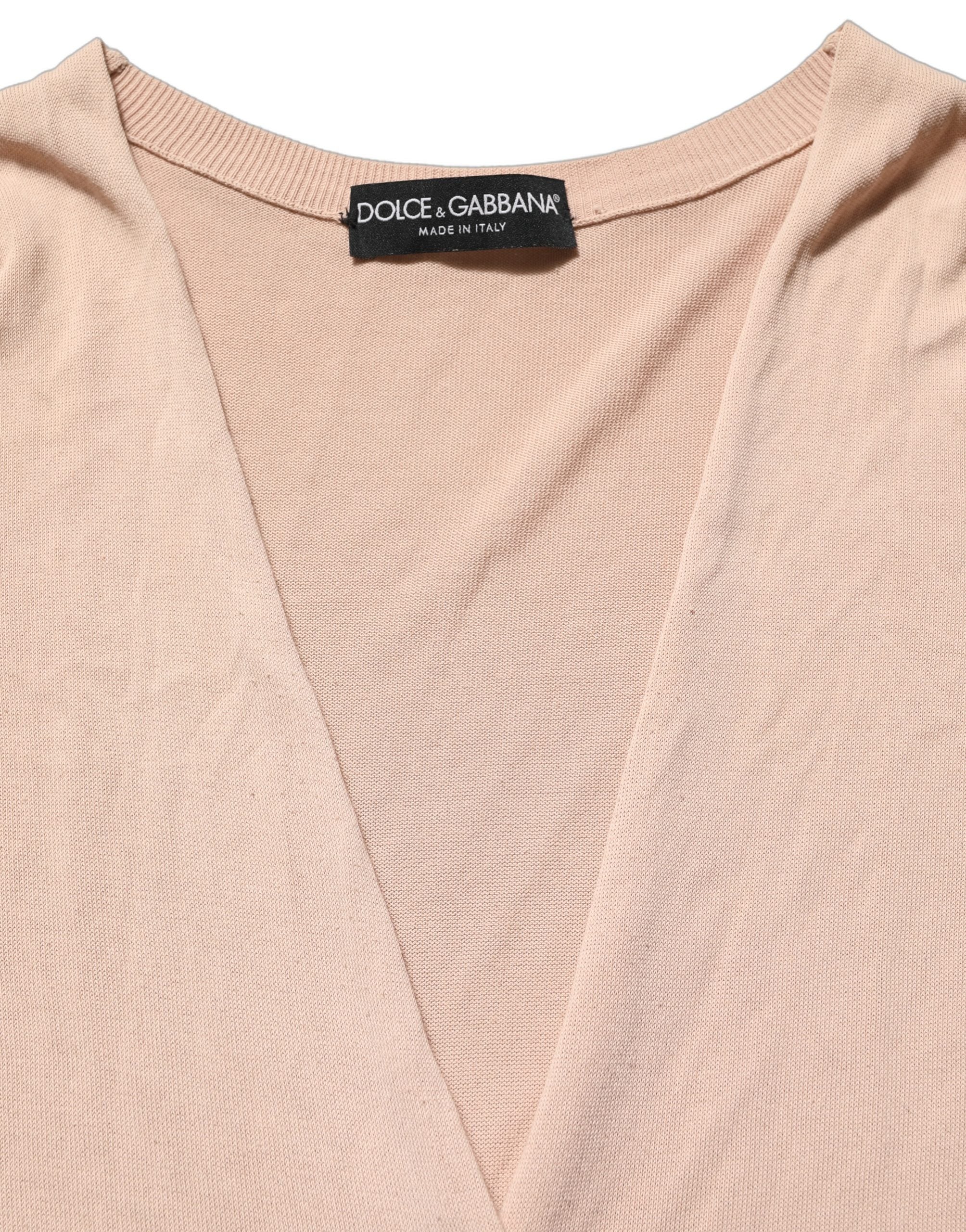 Cardigan beige à col en V avec lien frontal et rayures côtelées, Dolce & Gabbana, pull en laine pour femme.