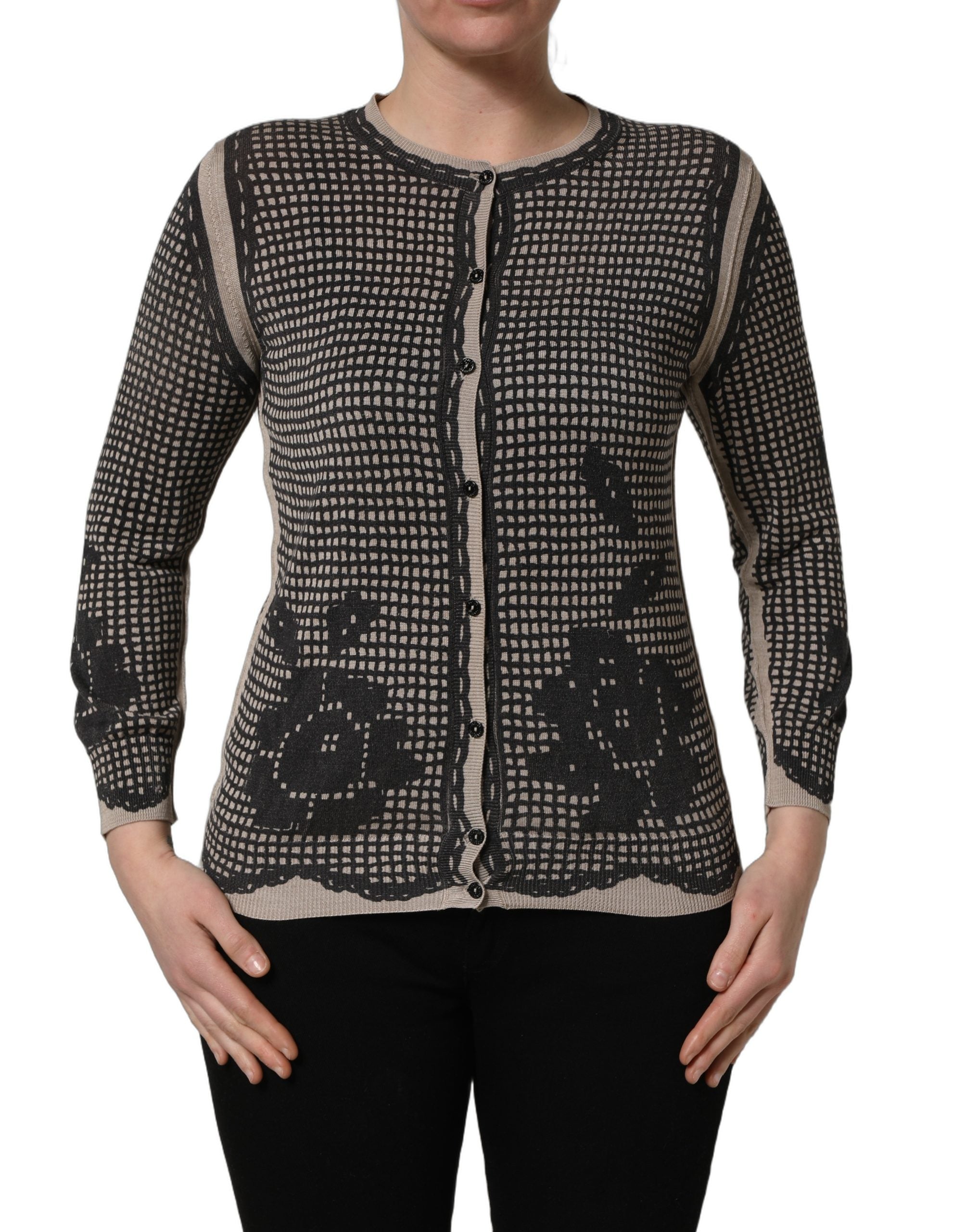Cardigan Dolce & Gabbana noir avec motifs floraux en dentelle, boutons, pull élégant pour femmes, style sophistiqué.