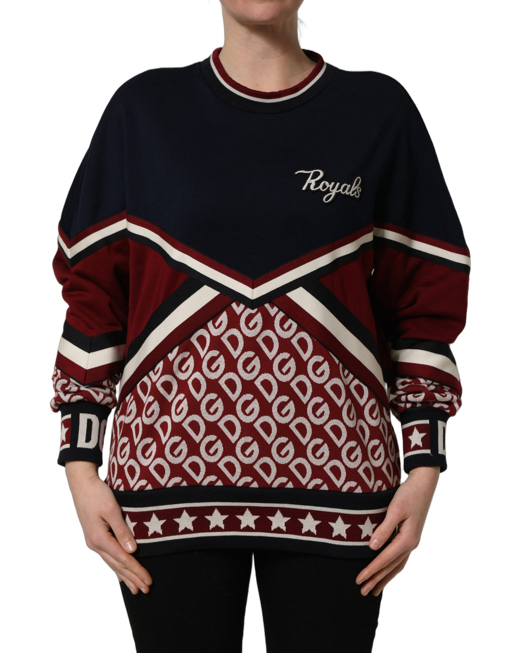 Sweat-shirt Dolce & Gabbana 'Royals' en bleu et rouge avec patch, sweat à manches longues, style décontracté et tendance.