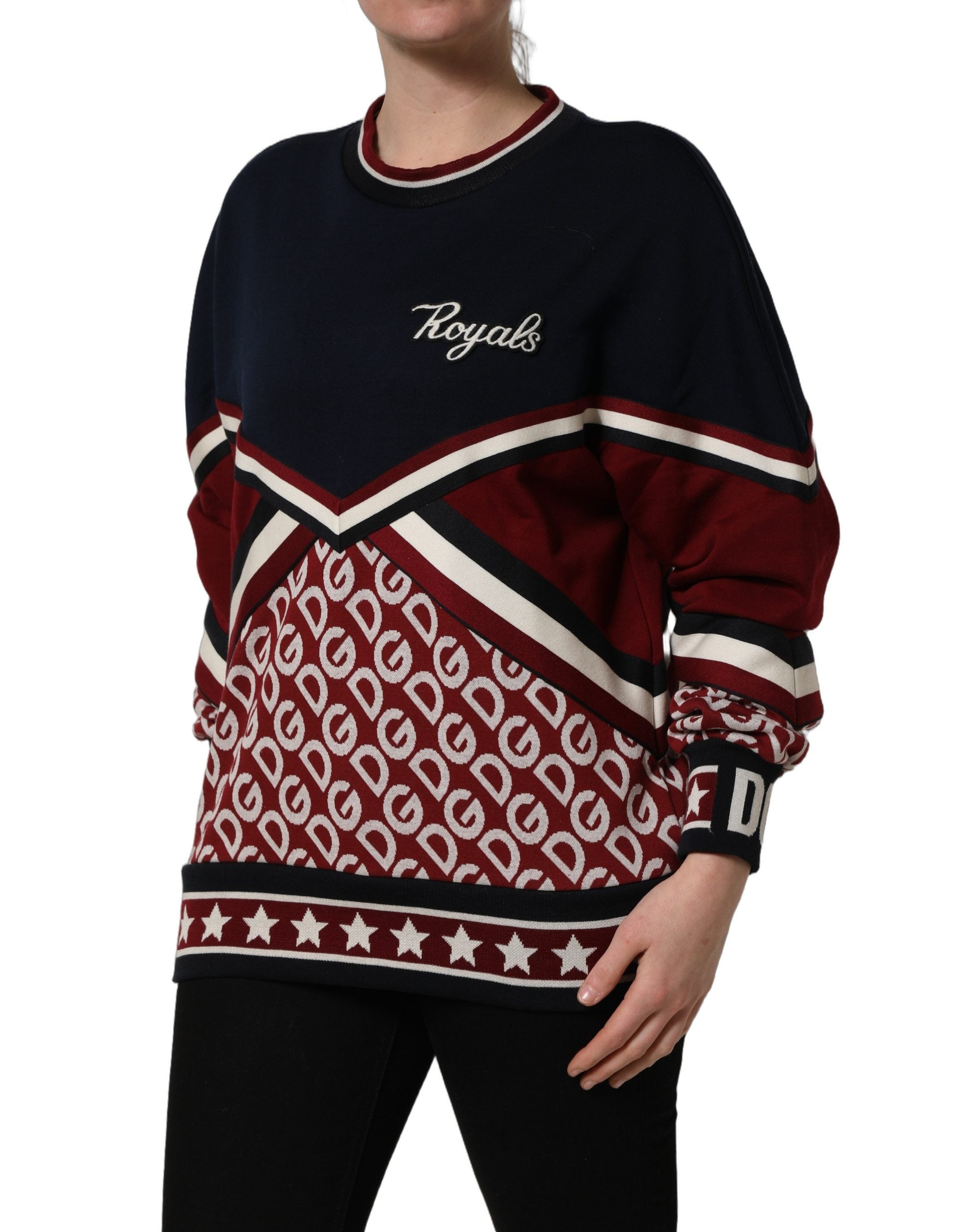 Sweat-shirt Dolce & Gabbana 'Royals' avec panneaux bleus et rouges, logo patch sur le devant, style décontracté et chic.