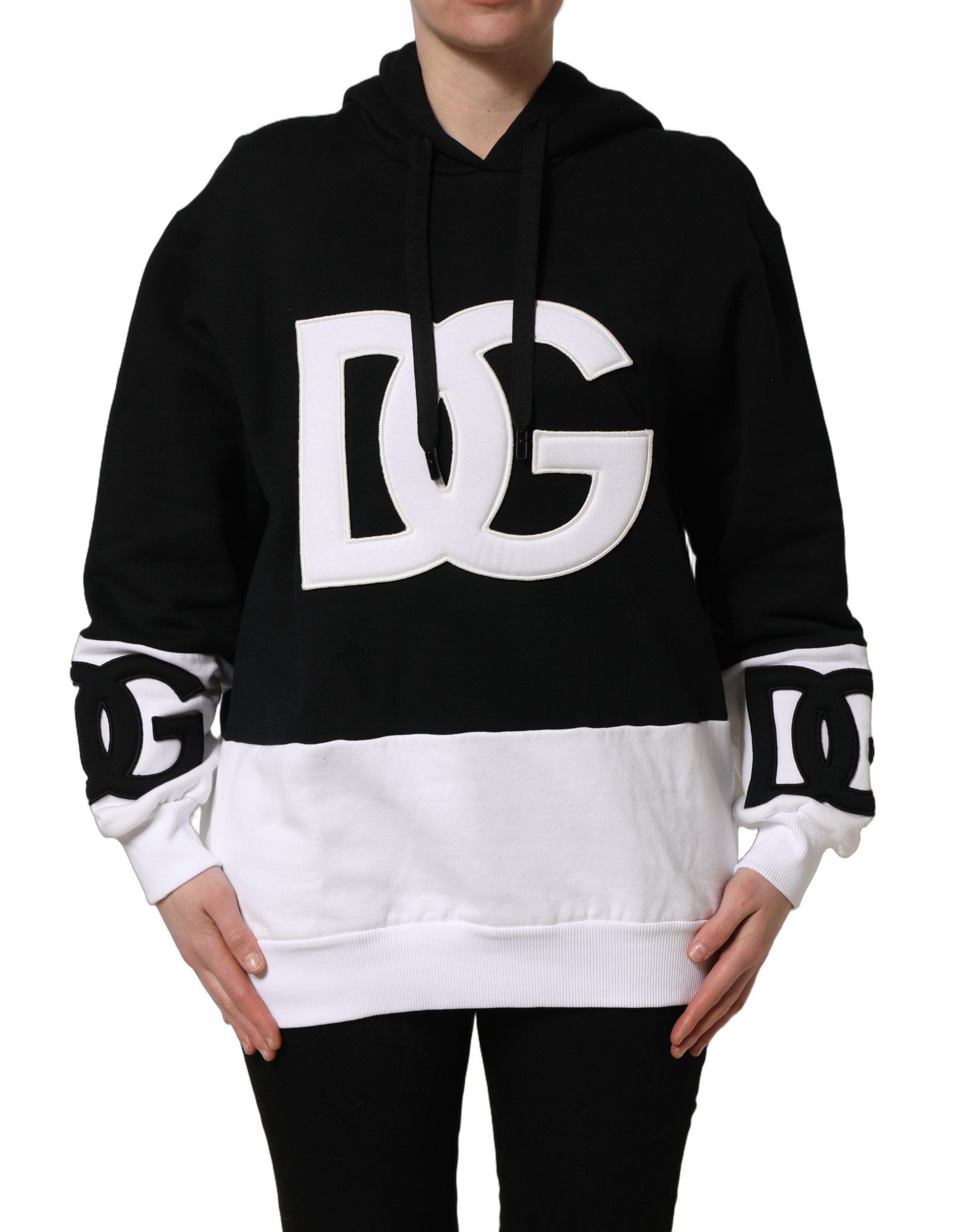 Sweat à capuche Dolce & Gabbana noir et blanc avec appliqué, pull décontracté en coton, mode sophistiquée et élégante.