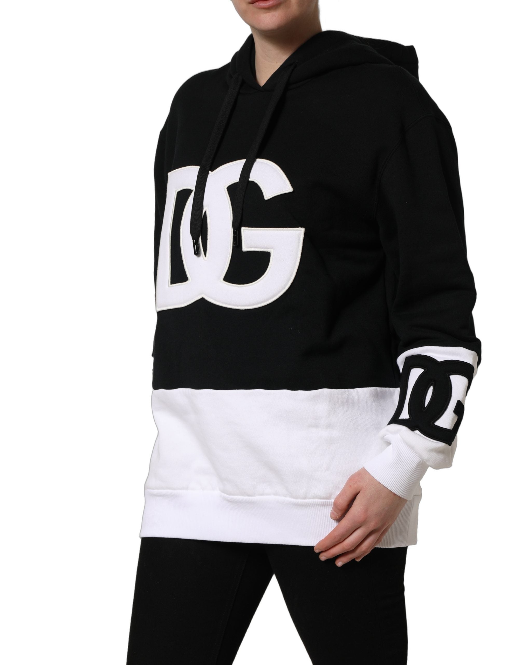 Sweat à capuche Dolce & Gabbana noir et blanc avec appliqué, pull décontracté en coton, style moderne et élégant.