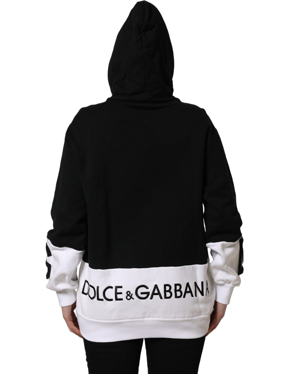 Sweat à capuche Dolce & Gabbana noir et blanc avec appliqué, pull en tissu doux et confortable, vue de face.