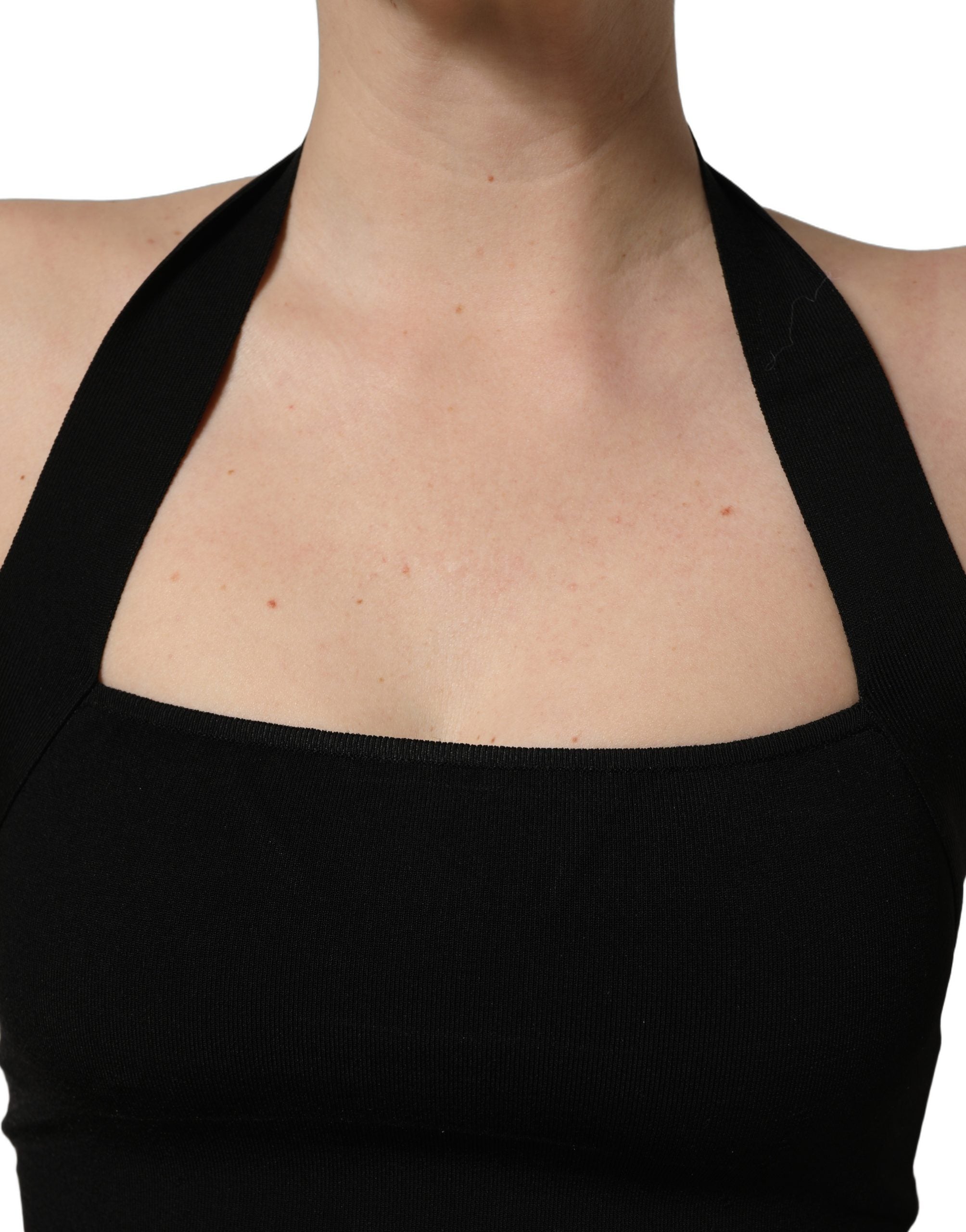 Débardeur court noir Dolce & Gabbana avec col carré et dos nu, style halter, en tissu léger.