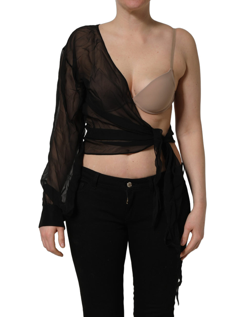 Haut noir en chiffon transparent à épaules nues Dolce & Gabbana, style wrap et léger, pour une silhouette élégante.