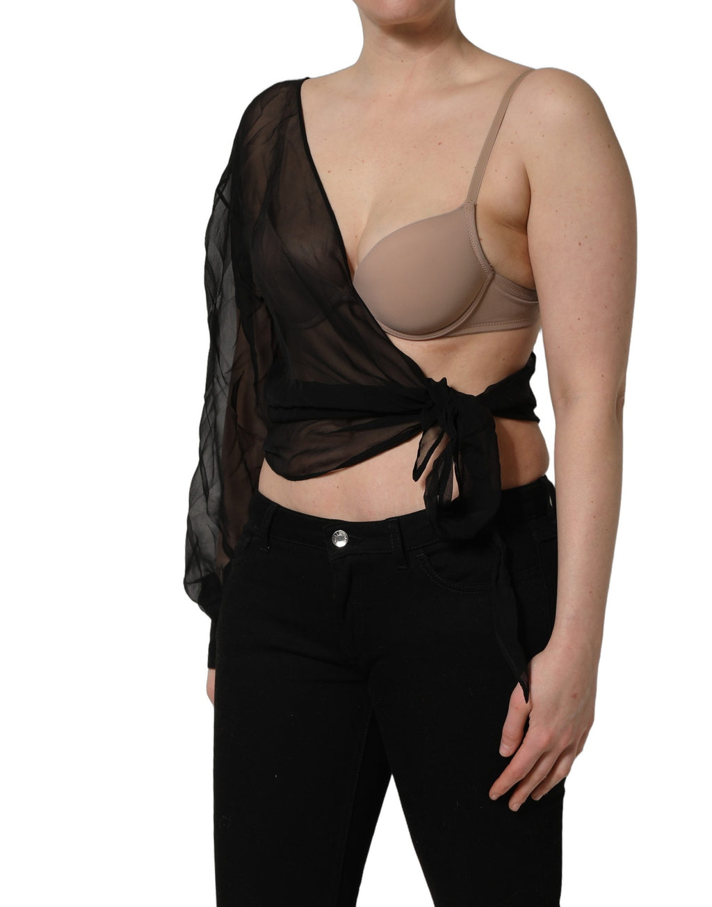 Top noir en chiffon transparent Dolce & Gabbana à une épaule, style enveloppant et élégant.