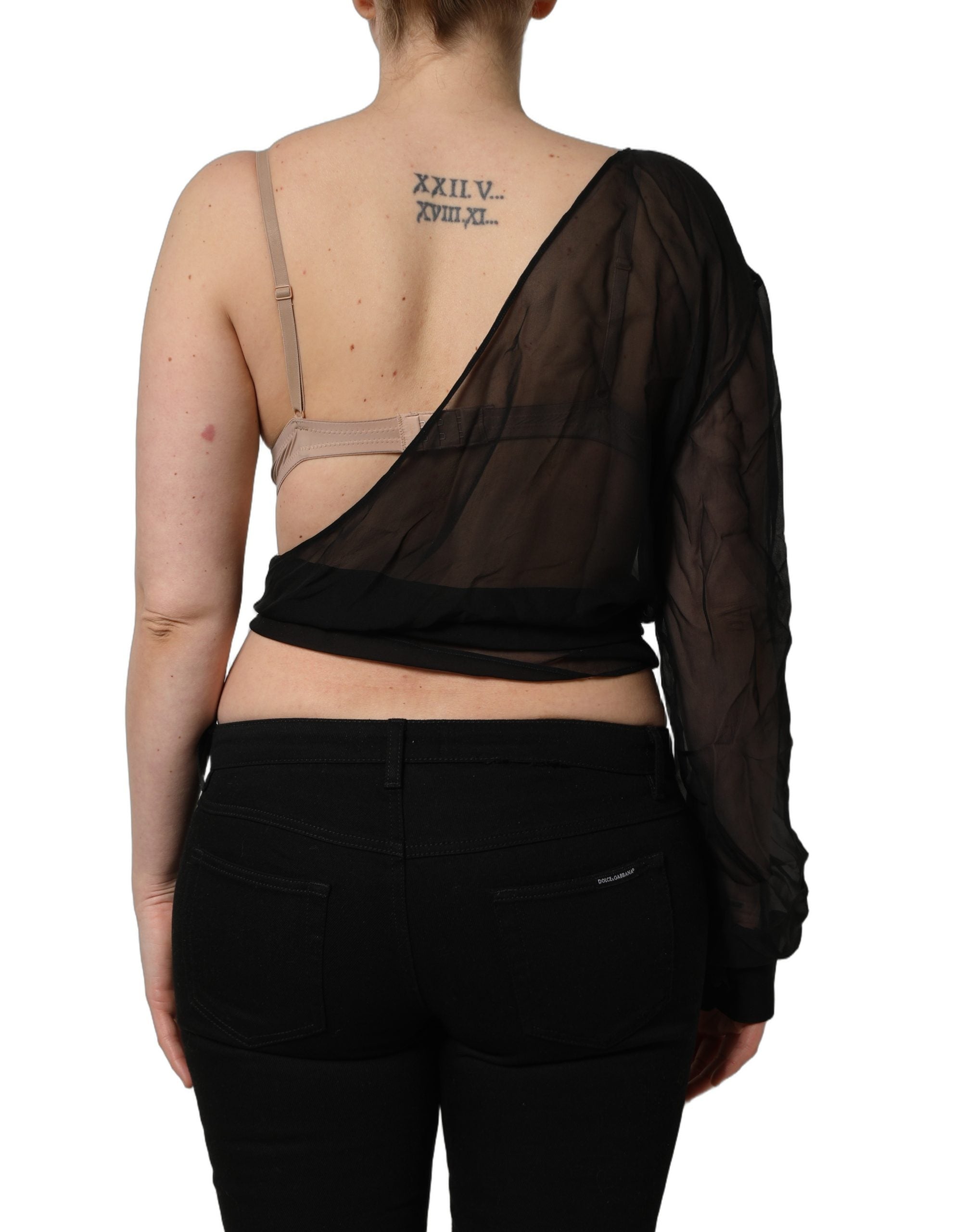 Top noir en chiffon transparent à épaules dénudées de Dolce & Gabbana, blouse élégante et légère.