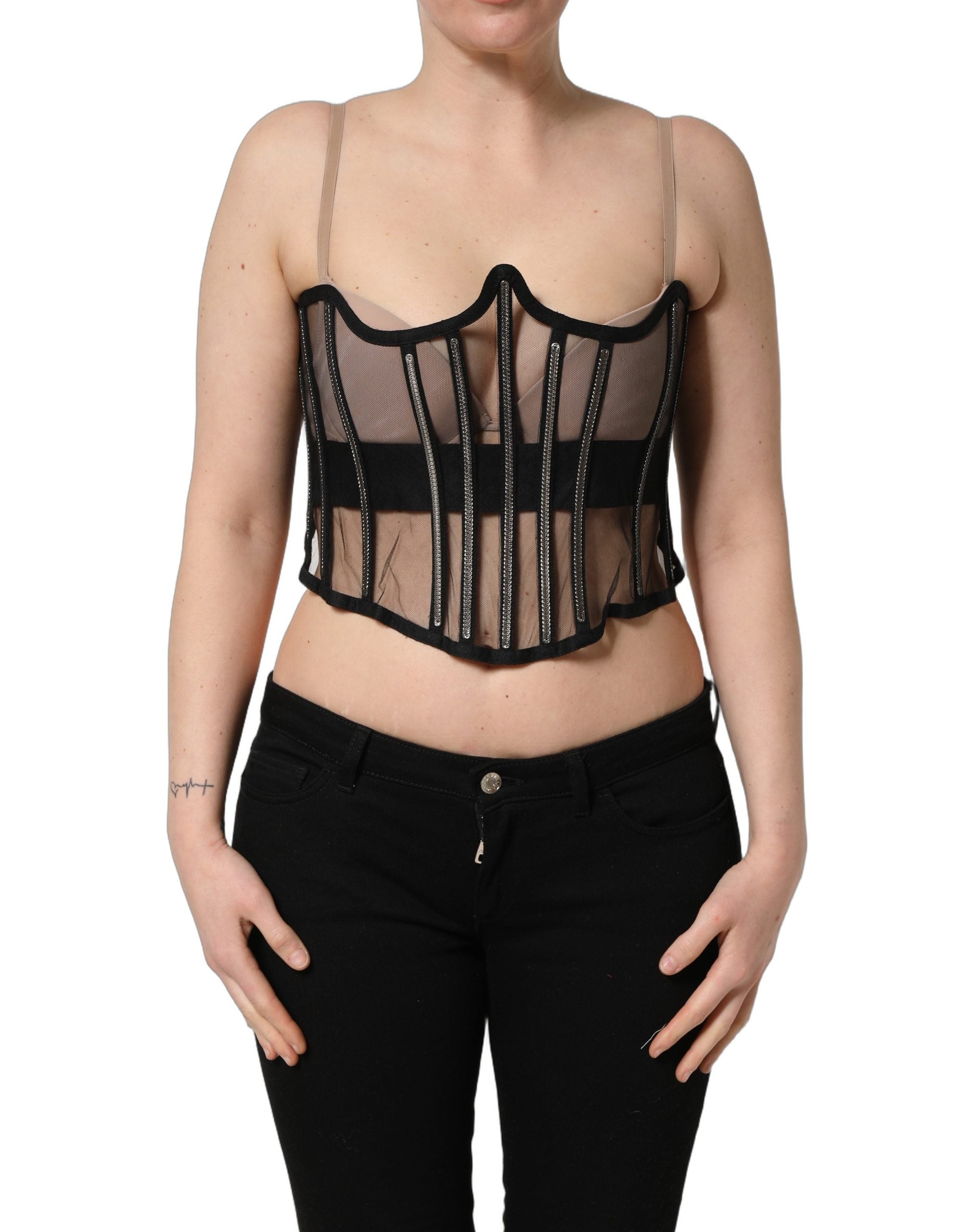 Ensemble de corset court en tulle noir de Dolce & Gabbana, corps de bodysuit transparent et élégant.