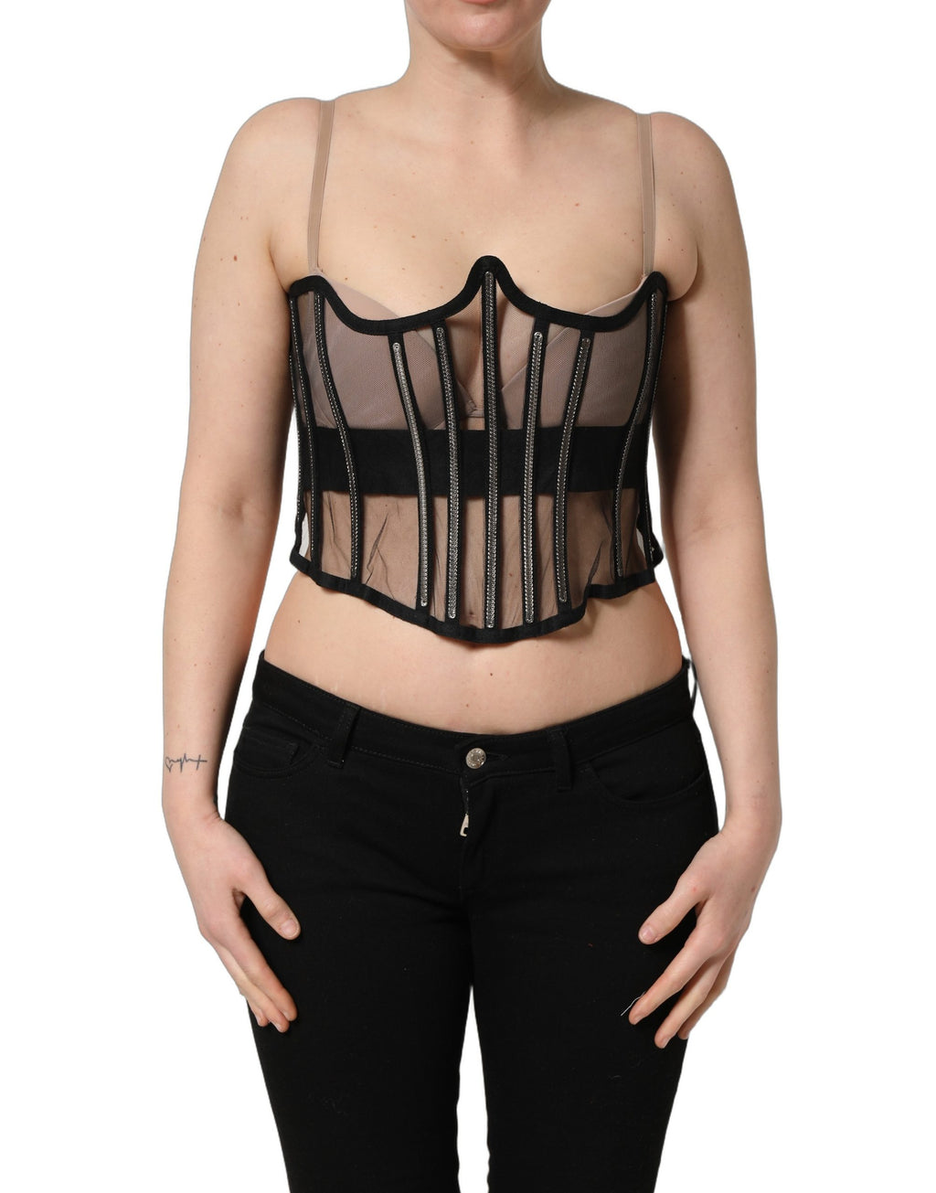 Corset court en tulle noir Dolce & Gabbana, body transparent avec détails en dentelle et coupe ajustée.