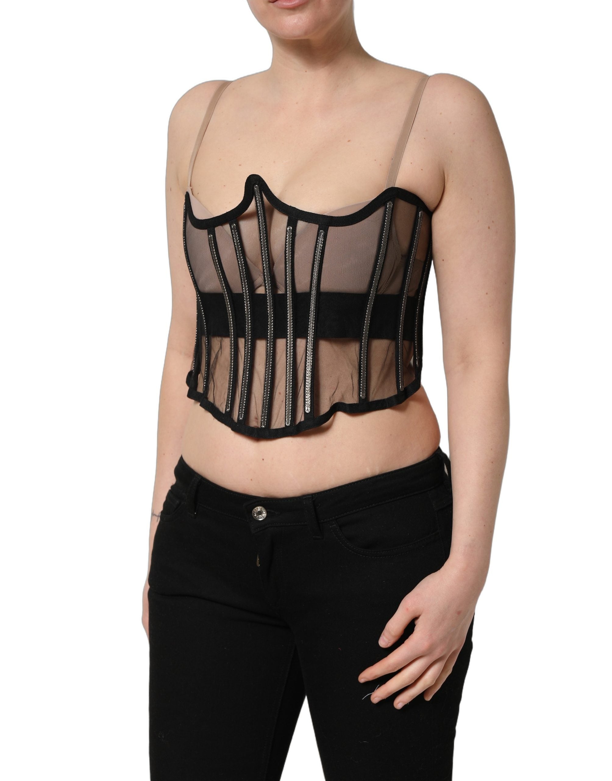 Body en tulle noir Dolce & Gabbana, corset court transparent, style élégant et sophistiqué, ajusté et féminin.