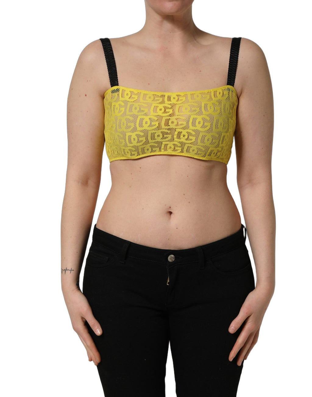 Top crop en coton et crêpe chiffon jaune de Dolce & Gabbana, bralette courte élégante et légère, vue de face.