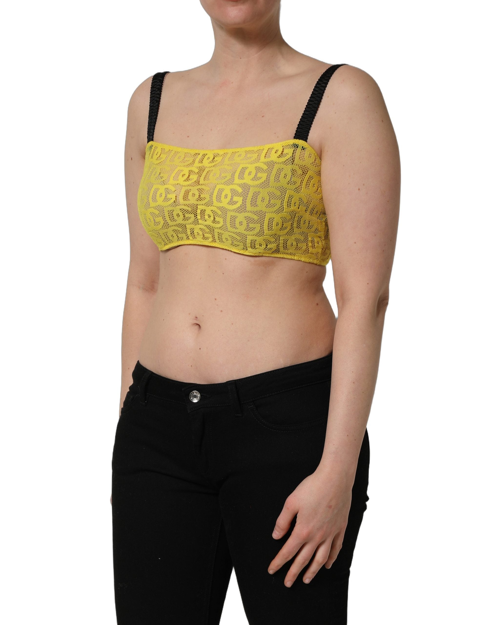 Haut crop en coton crêpe et chiffon jaune Dolce & Gabbana, taille courte et style élégant, vue de face.