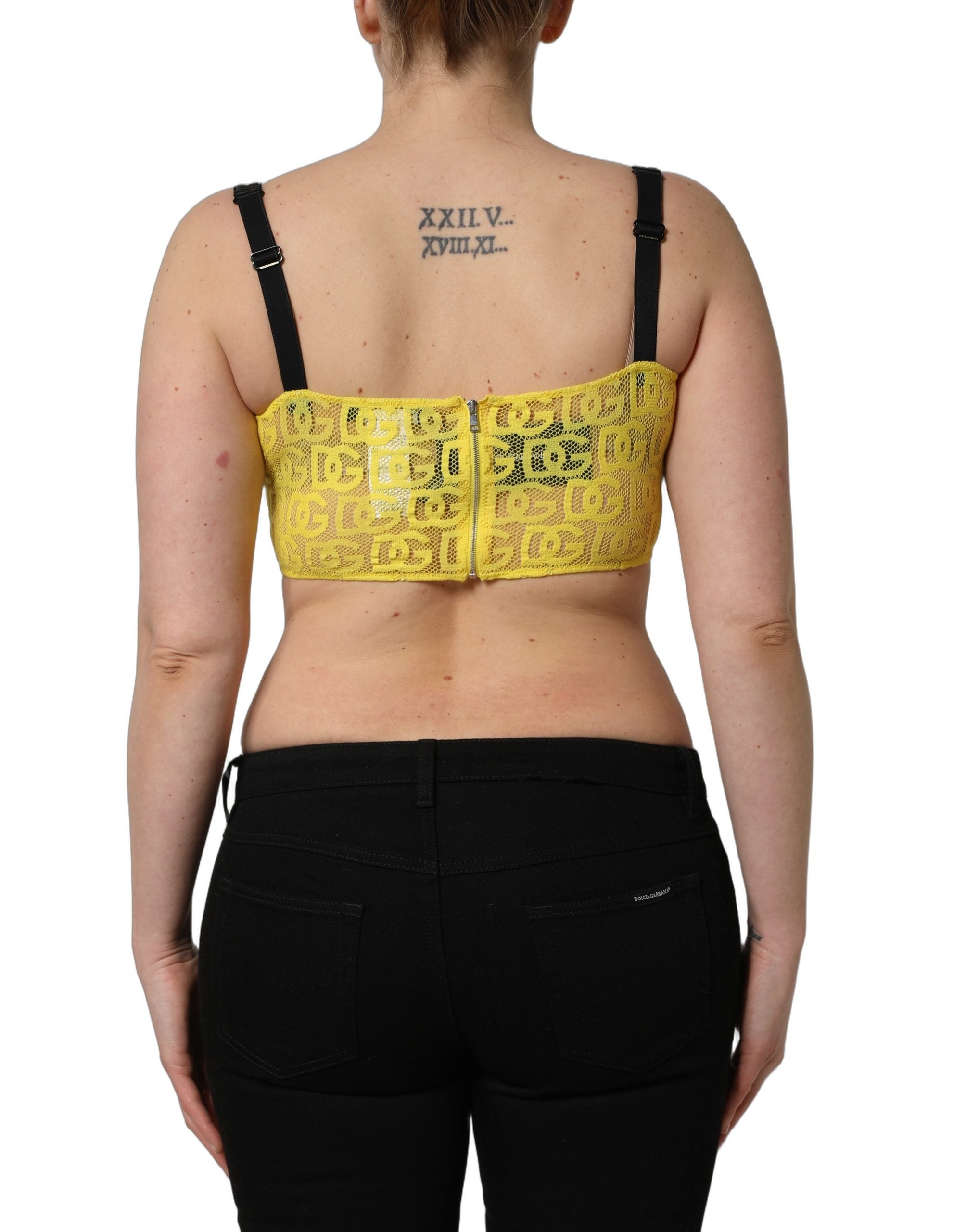Top Dolce & Gabbana en coton jaune, en crêpe et chiffon, crop bralette, vêtement tendance pour femme.