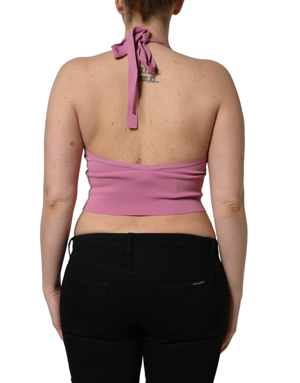 Top court rose Dolce & Gabbana à col halter, ajusté et court, en coton léger, parfait pour un style élégant et tendance.
