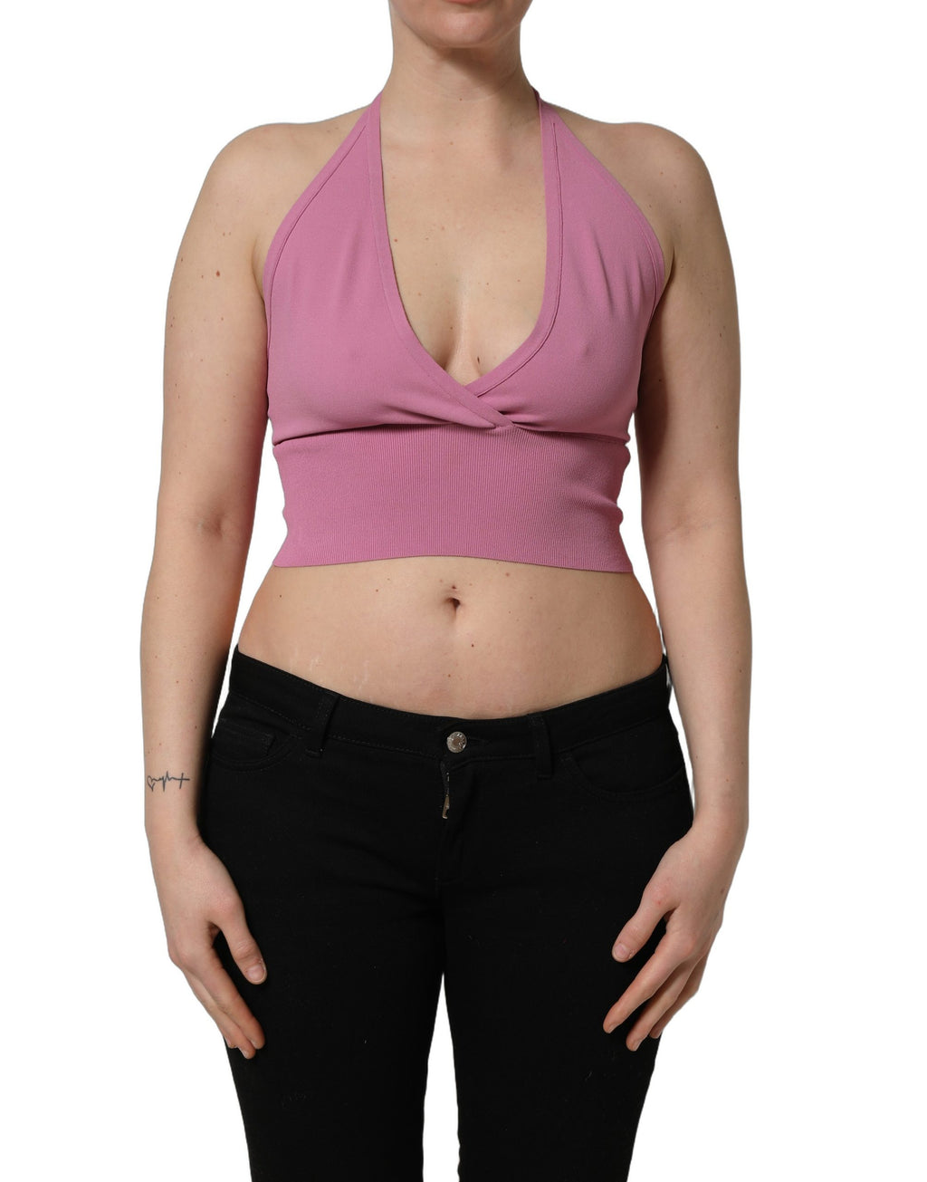 Top court femme Dolce & Gabbana rose, coupe ajustée, encolure halter, crop top en tissu léger, style élégant et moderne