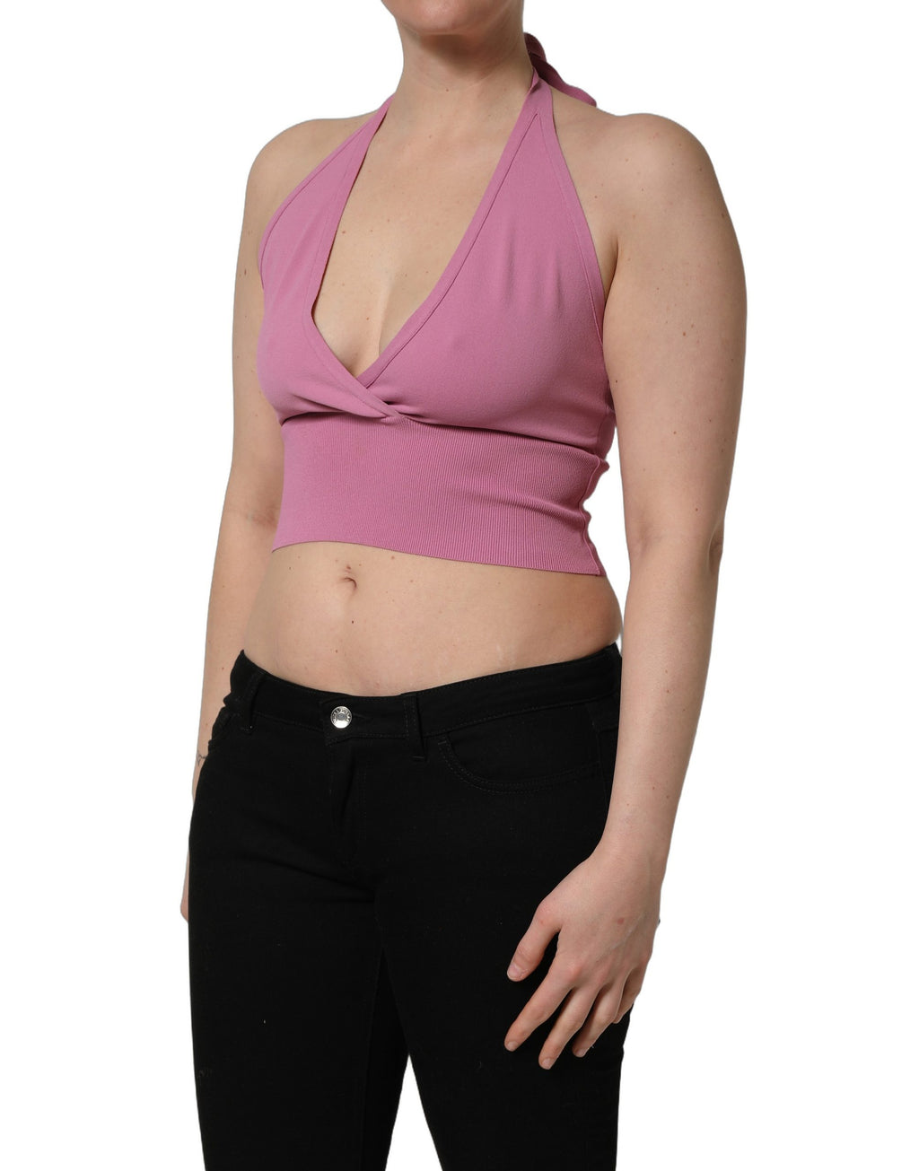 Débardeur court rose Dolce & Gabbana à col halter ajusté, en tissu extensible, avec détails élégants visibles sur l'image.