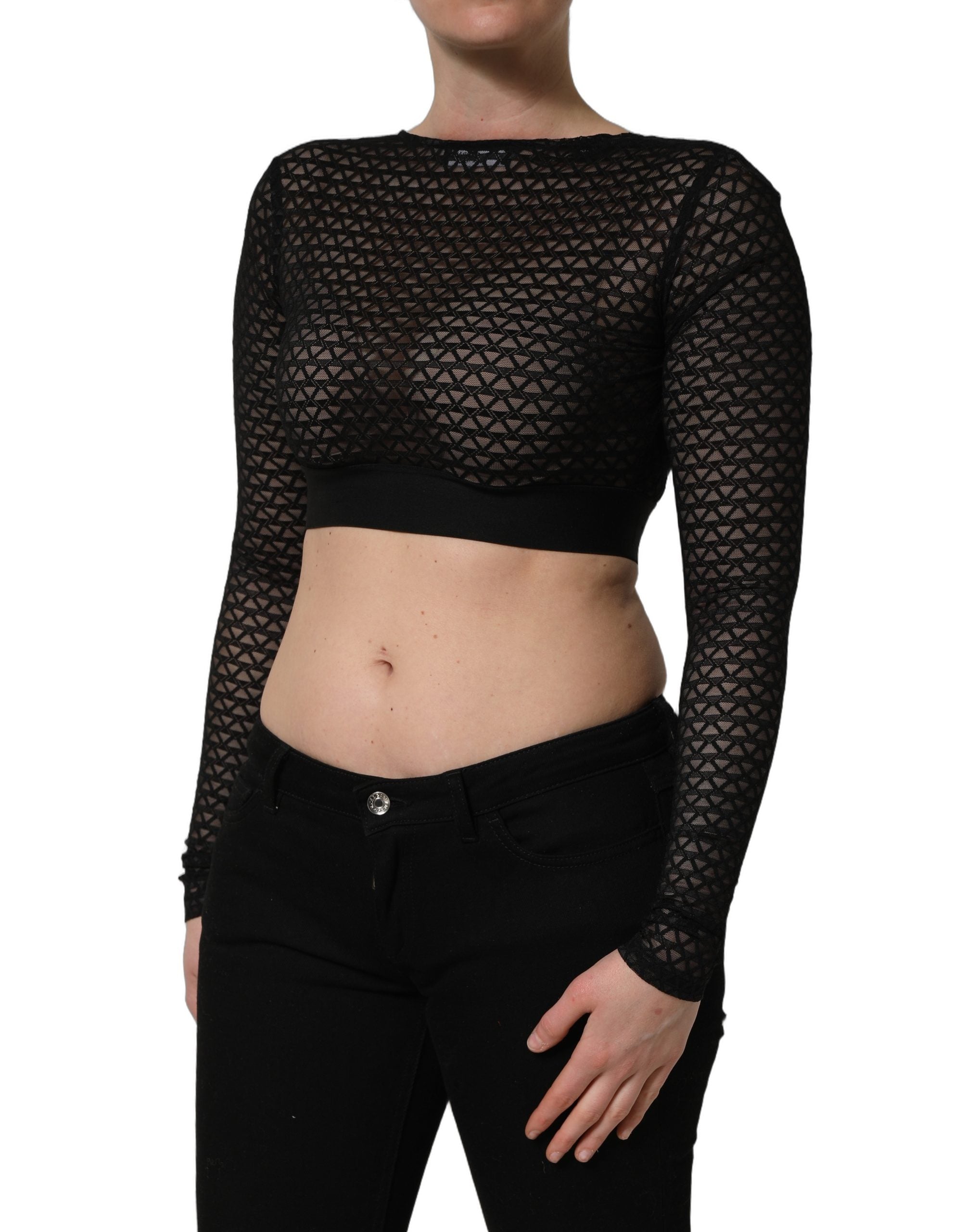 Top court en nylon noir à manches longues et motif fishnet de la marque Dolce & Gabbana, coupe courte et tendance.