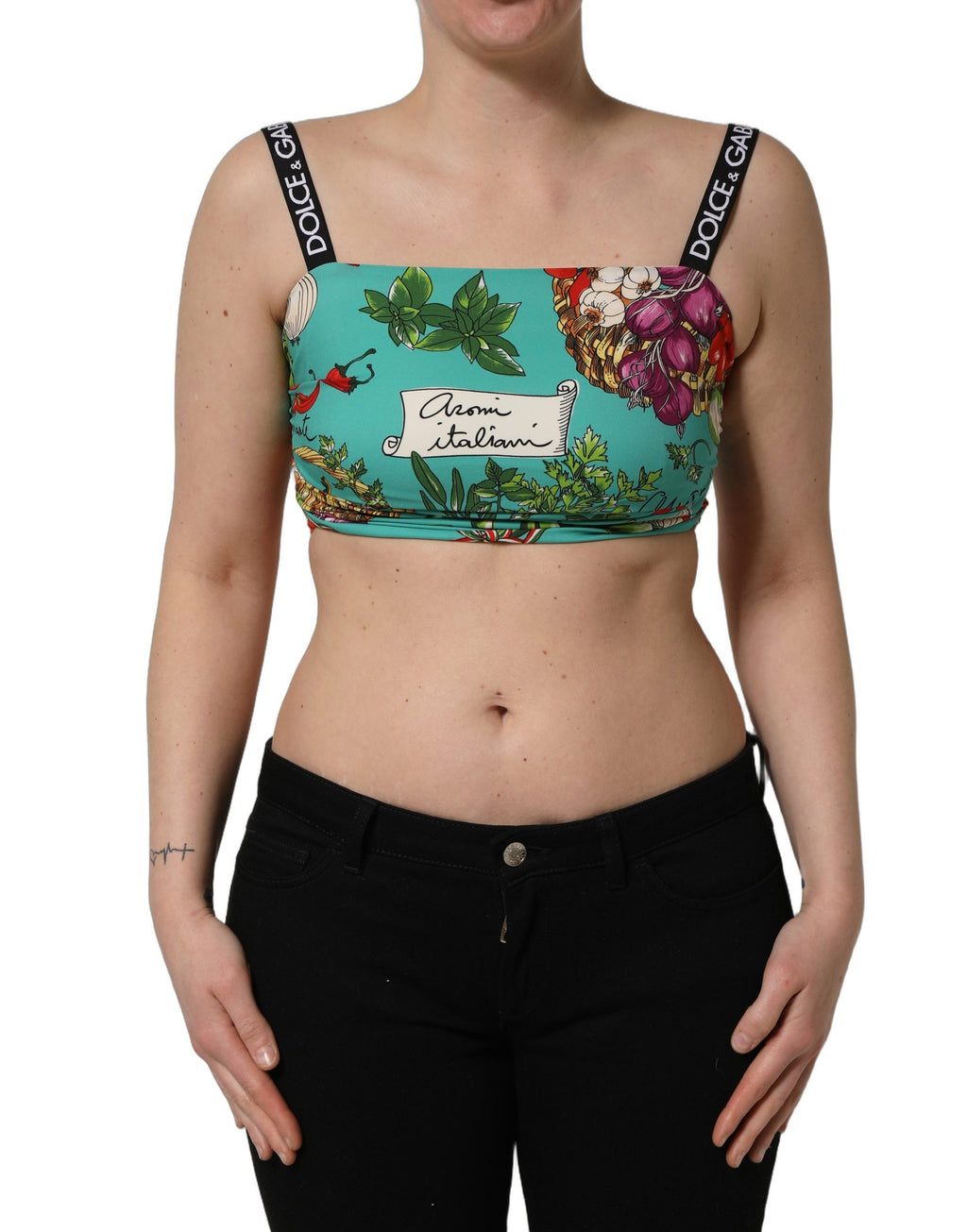 Top court en soie Dolce & Gabbana turquoise avec motif végétal, coupe crop, style élégant et tendance.