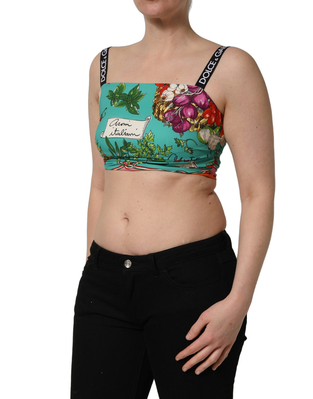 Crop top en soie turquoise Dolce & Gabbana avec imprimé végétal, style élégant et léger pour un look sophistiqué.