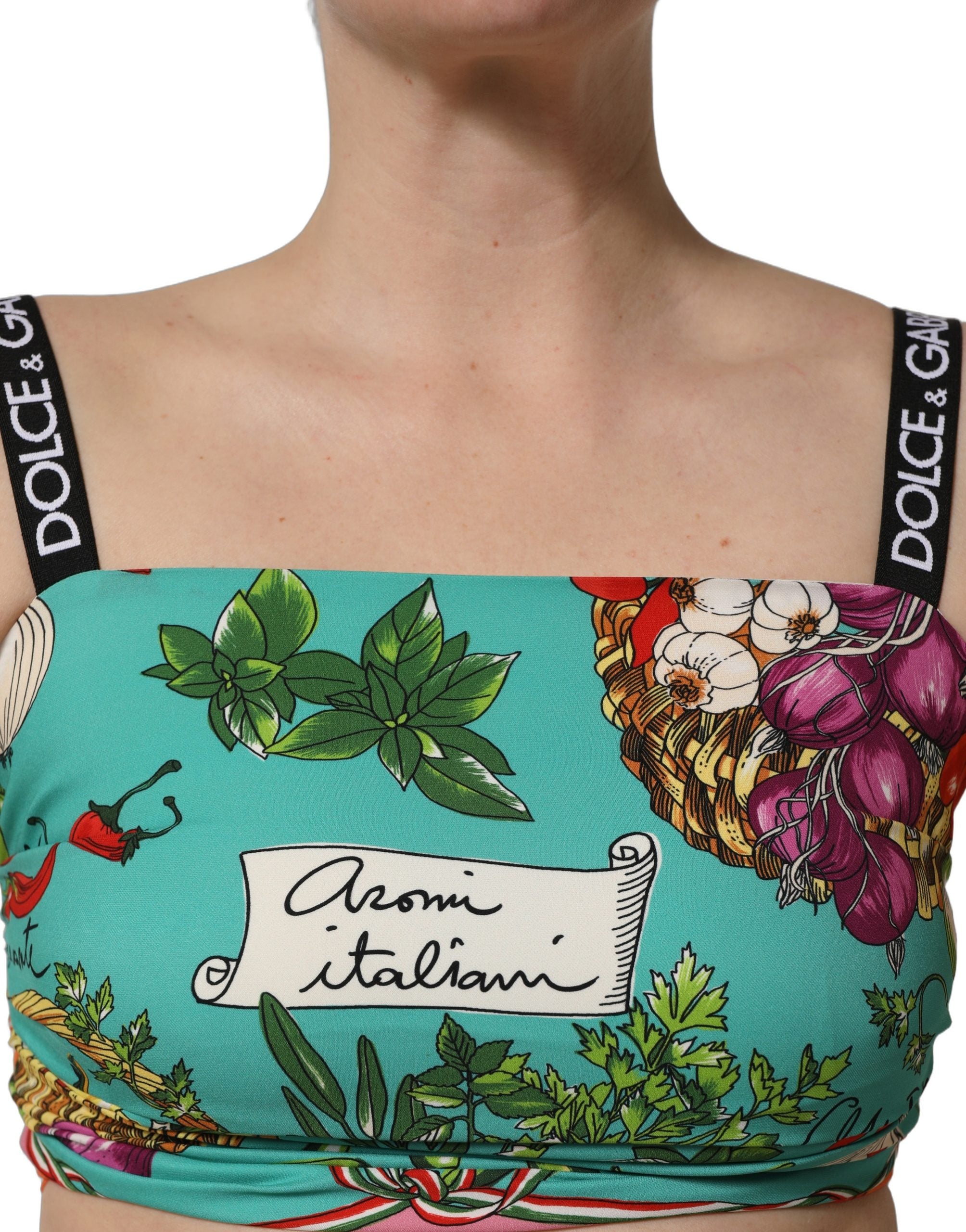 Top court en soie turquoise à motif végétal de Dolce & Gabbana, crop top élégant et coloré pour un style sophistiqué