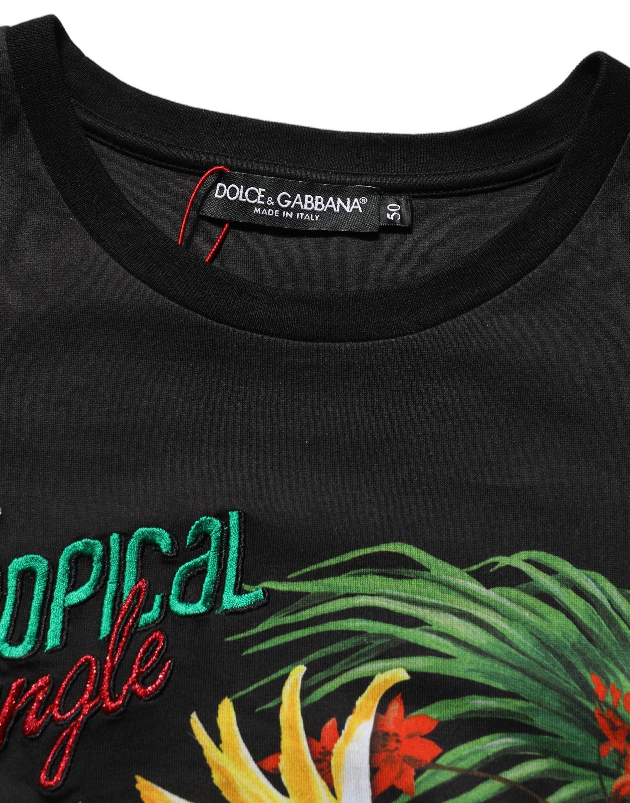 T-shirt ronde noire Dolce & Gabbana avec motif tropical jungle, design élégant et décontracté pour homme.