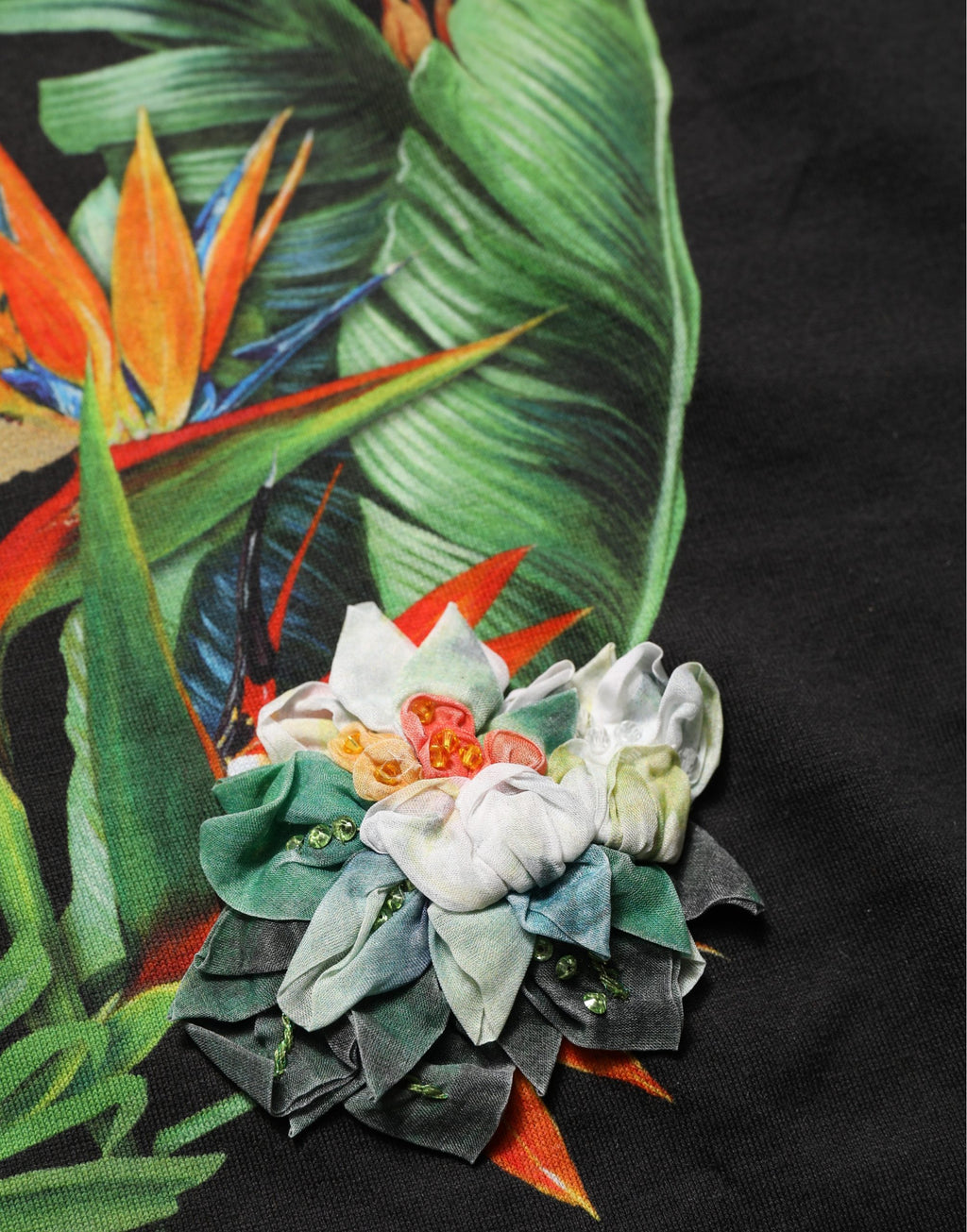 T-shirt rond noir Dolce & Gabbana avec motif tropical jungle, design tendance pour homme ou femme.