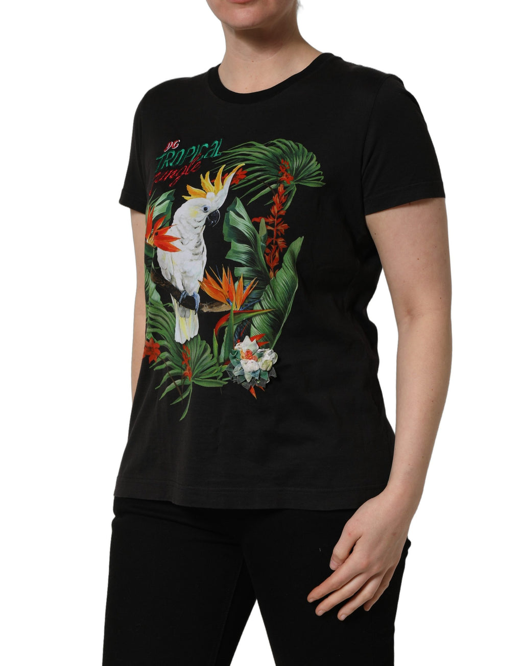 T-shirt ronde noir Dolce & Gabbana à motif jungle tropical, en coton, avec col rond et design coloré.