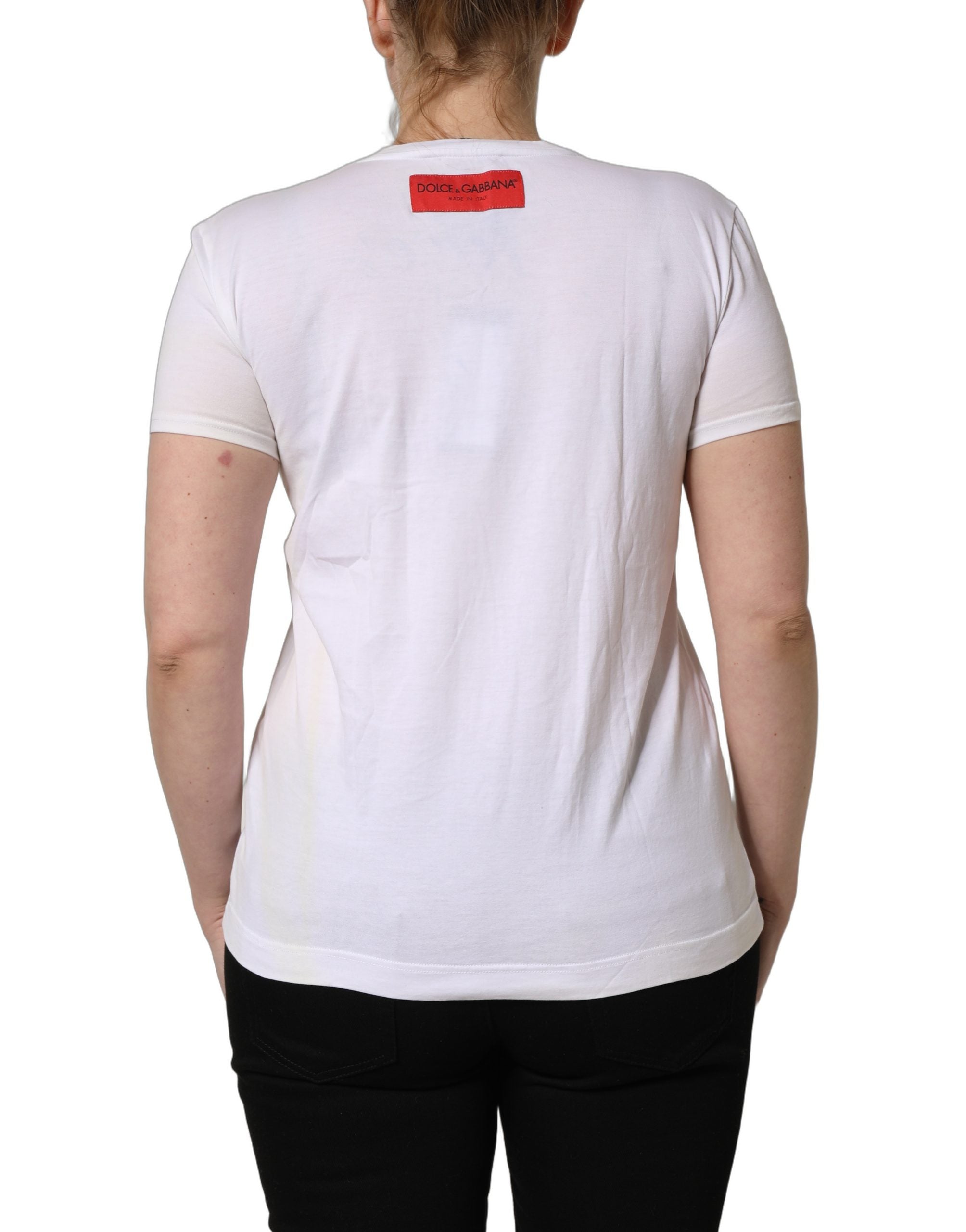 T-shirt blanc Dolce & Gabbana D&G is Flowers avec motif rond, col rond, en coton, design floral élégant.