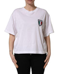 T-shirt rond Dolce & Gabbana blanc avec patch drapeau d'Italie, col rond, design à la mode, vue de face.