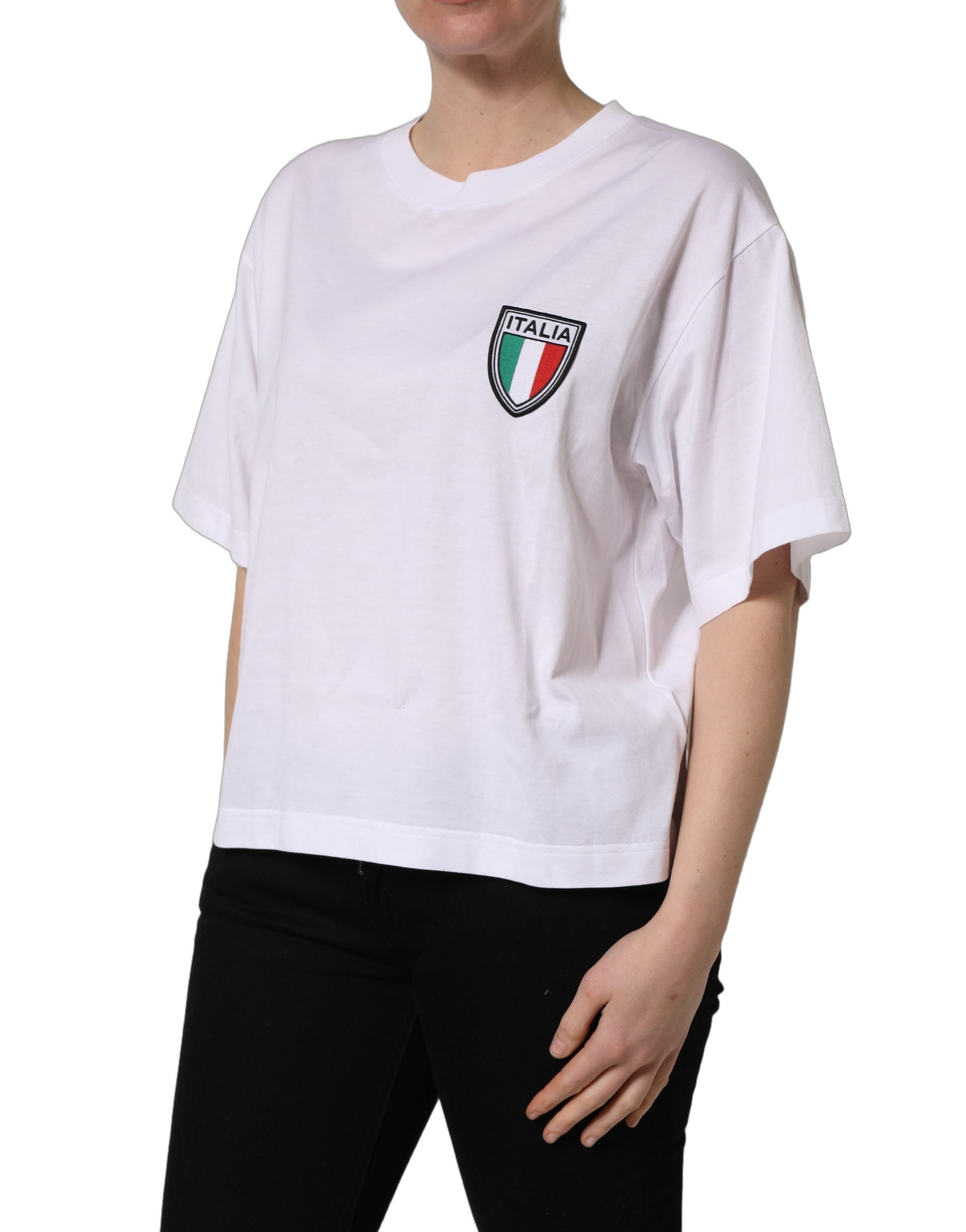 T-shirt ronde Dolce & Gabbana blanc avec patch du drapeau italien, col rond, design élégant et mode.