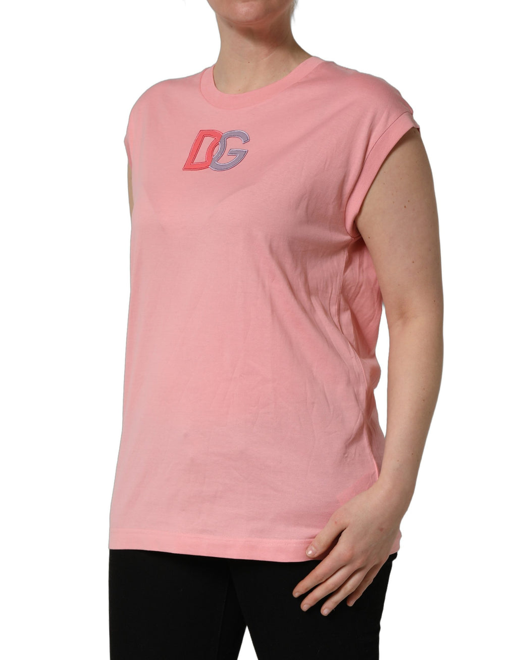 T-shirt à col rond en coton rose avec logo DG de Dolce & Gabbana, vue frontale.