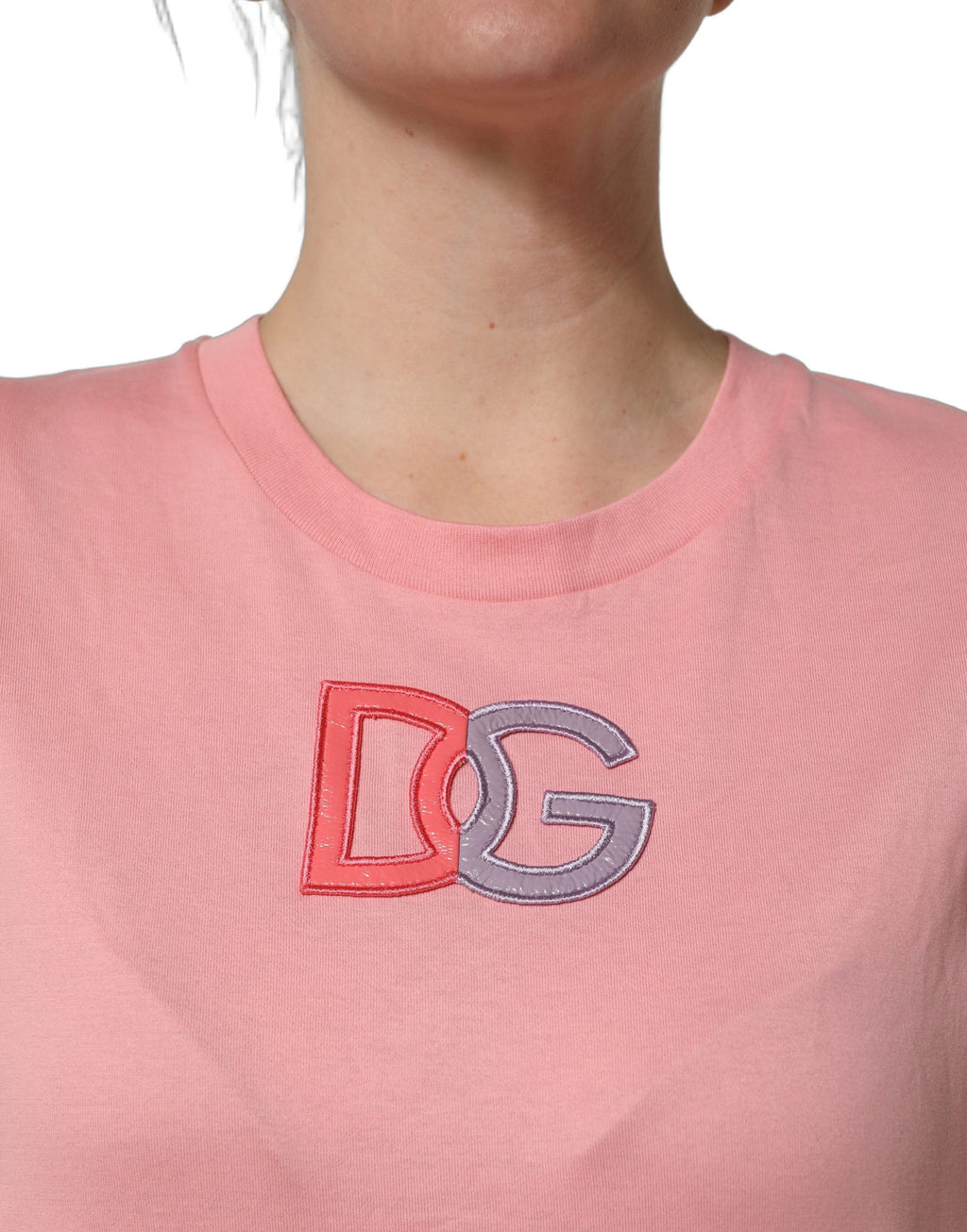 T-shirt en coton rose Dolce & Gabbana avec logo DG rond, col rond, veste décontractée pour femme