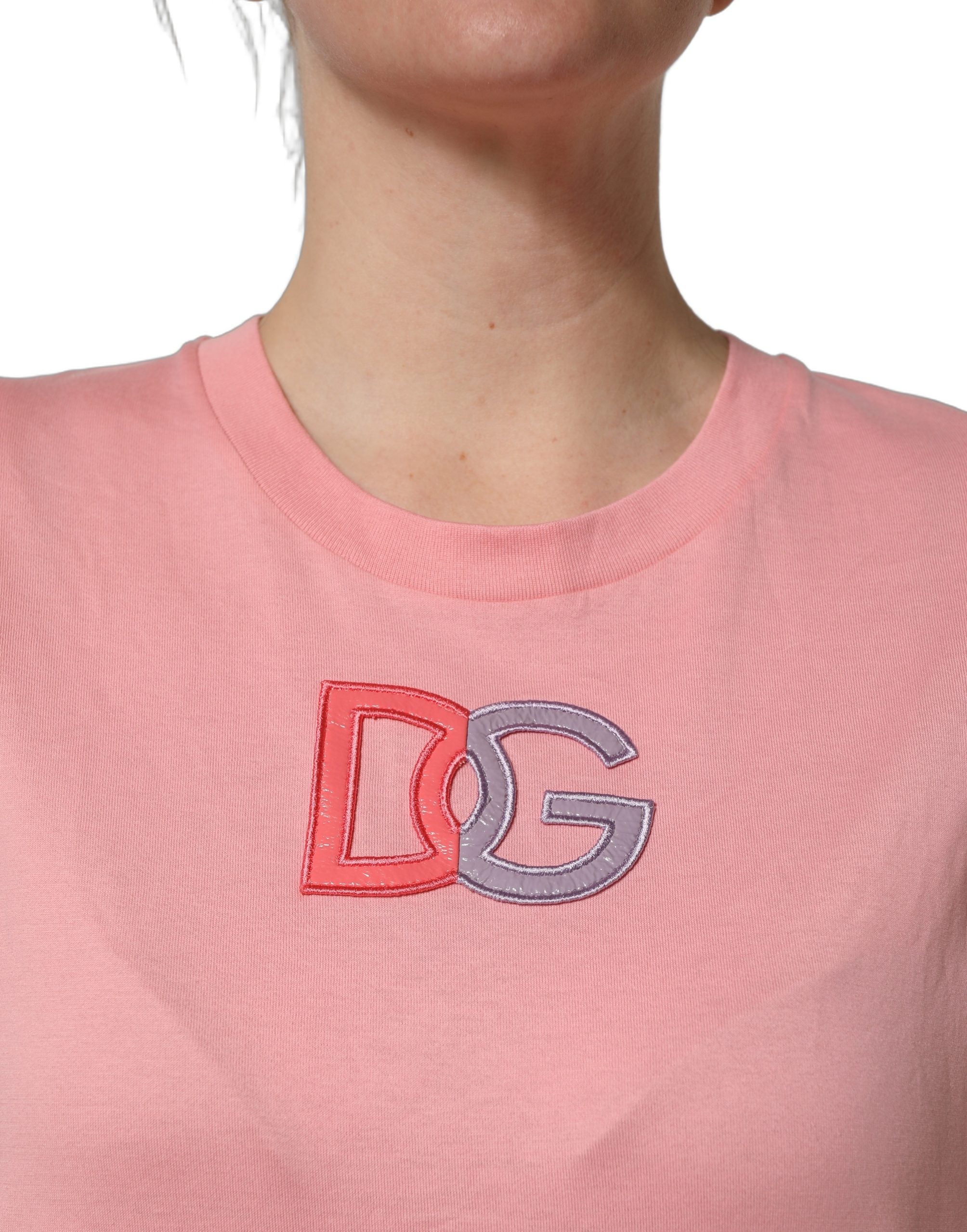 T-shirt en coton rose Dolce & Gabbana avec logo DG rond, col rond, veste décontractée pour femme
