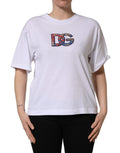 T-shirt blanc en coton Dolce & Gabbana avec patch logo DG, col rond, design décontracté et élégant.