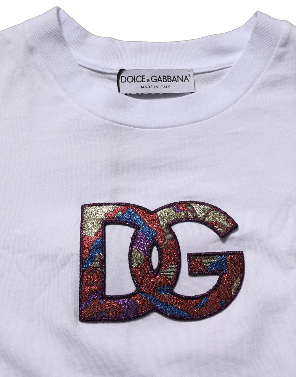 T-shirt blanc en coton Dolce & Gabbana avec logo DG, col rond, design classique et élégant.