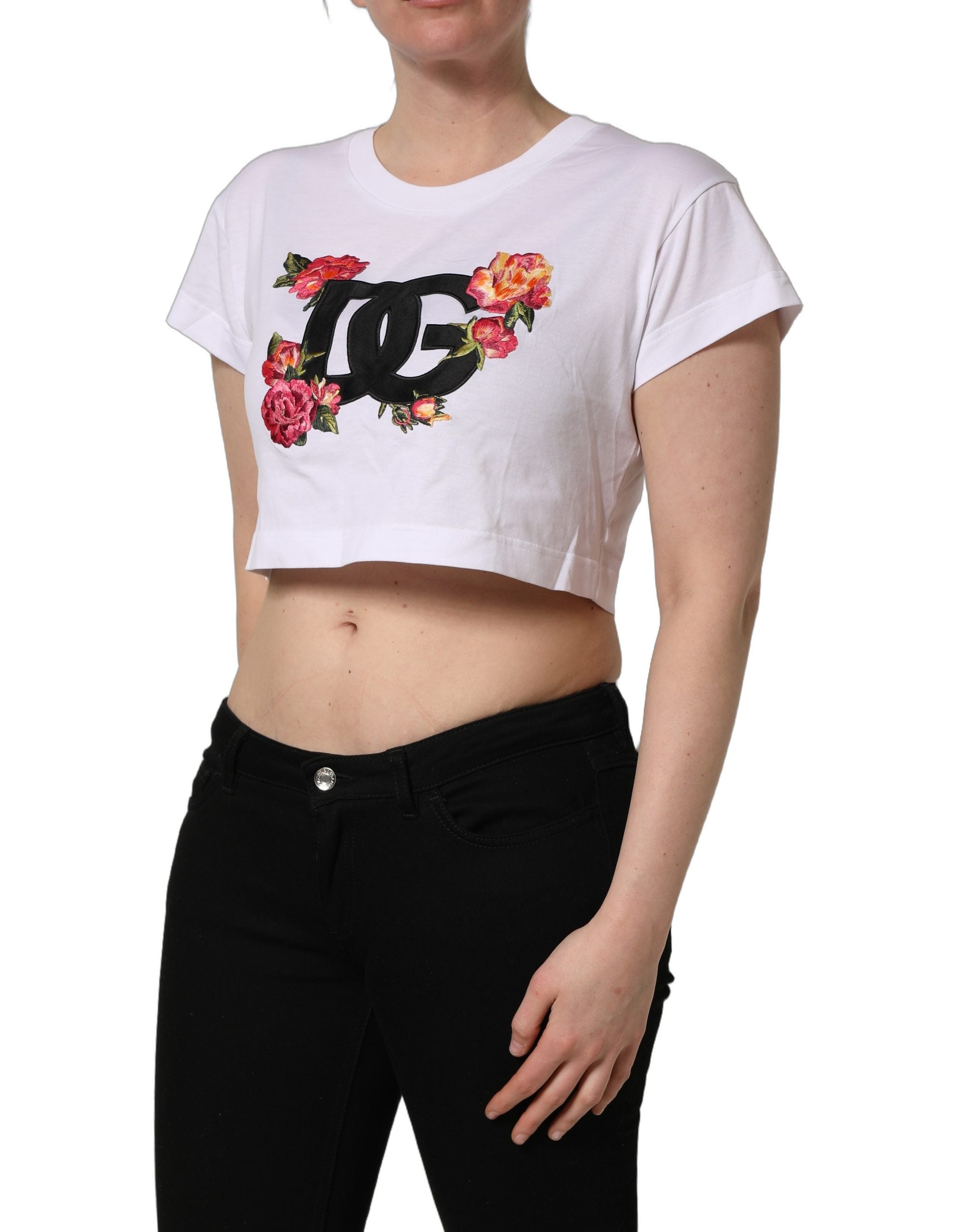 T-shirt crop en coton blanc Dolce & Gabbana avec motif floral DG, ajusté et confortable, vue de face.