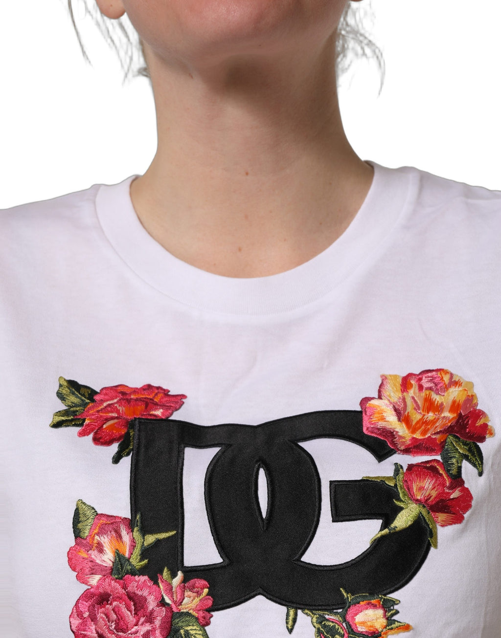 T-shirt court en jersey de coton blanc Dolce & Gabbana avec motif floral DG, vue de face.