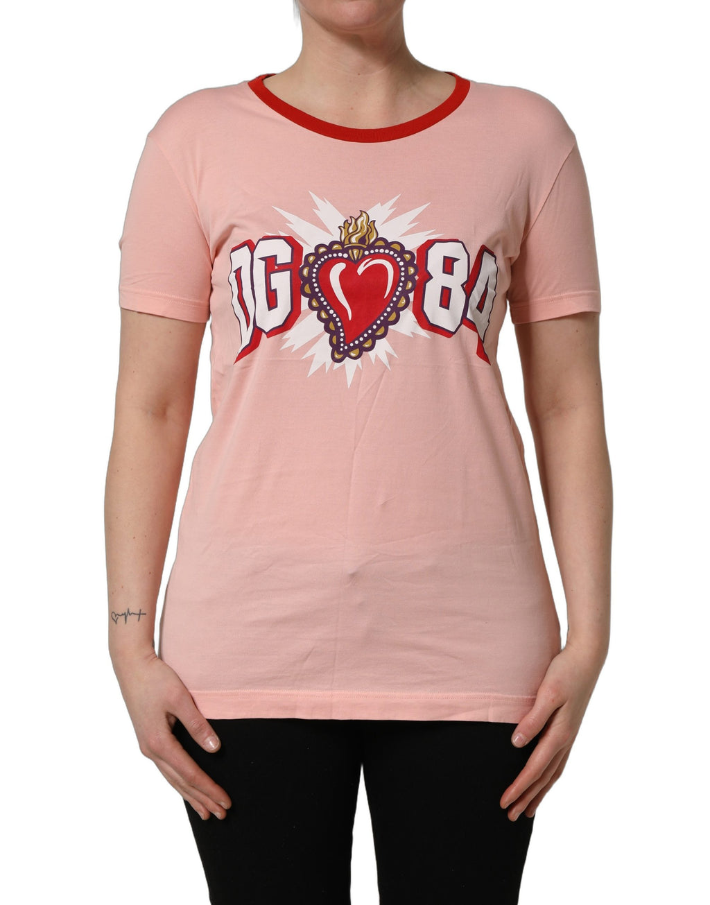 T-shirt en coton rose avec motif graphique de Dolce & Gabbana, col rond, style décontracté et tendance.