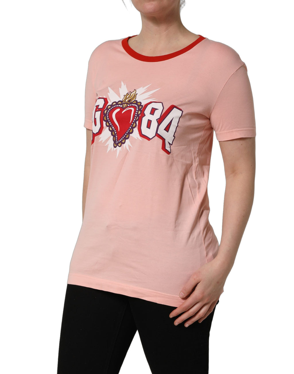 T-shirt en coton rose imprimé graphique Dolce & Gabbana avec col rond, vue de face.