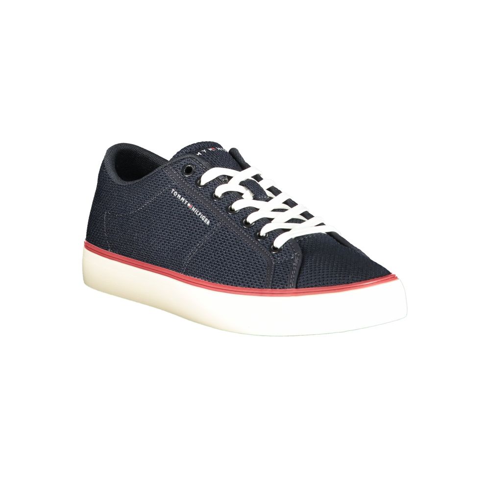 Sneaker homme en polyester bleu Tommy Hilfiger, chaussure décontractée avec semelle blanche et détails de marque.