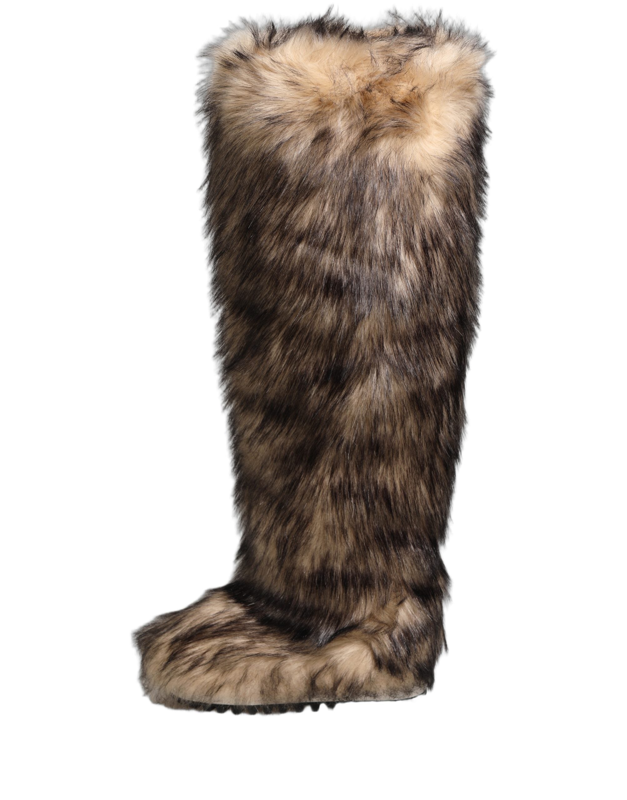 Bottes hautes en fausse fourrure marron de Dolce & Gabbana pour skier, chaussure élégante et chaude.