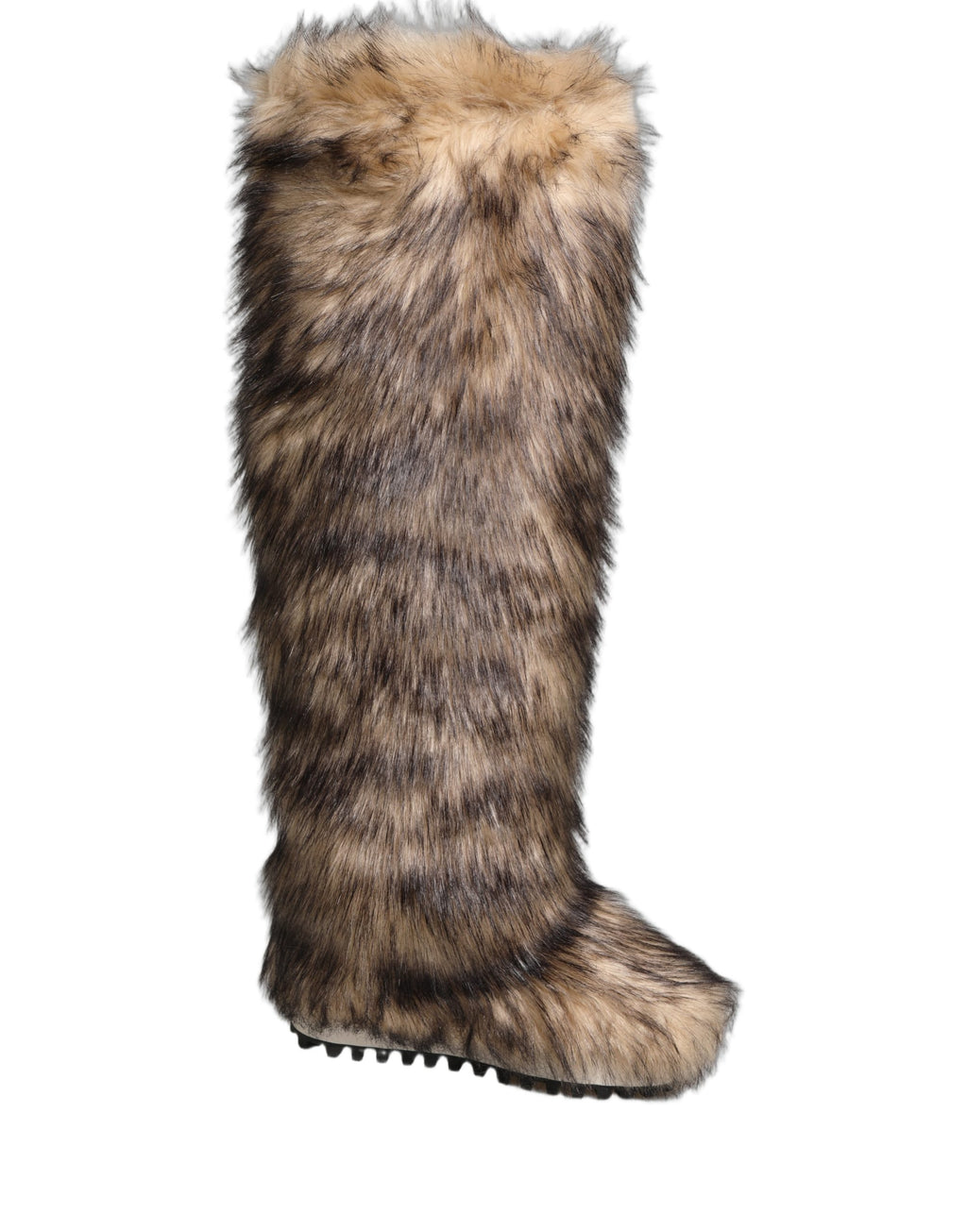 Bottes hautes en fausse fourrure marron Dolce & Gabbana, style ski, avec talons et design élégant visible sur l'image.